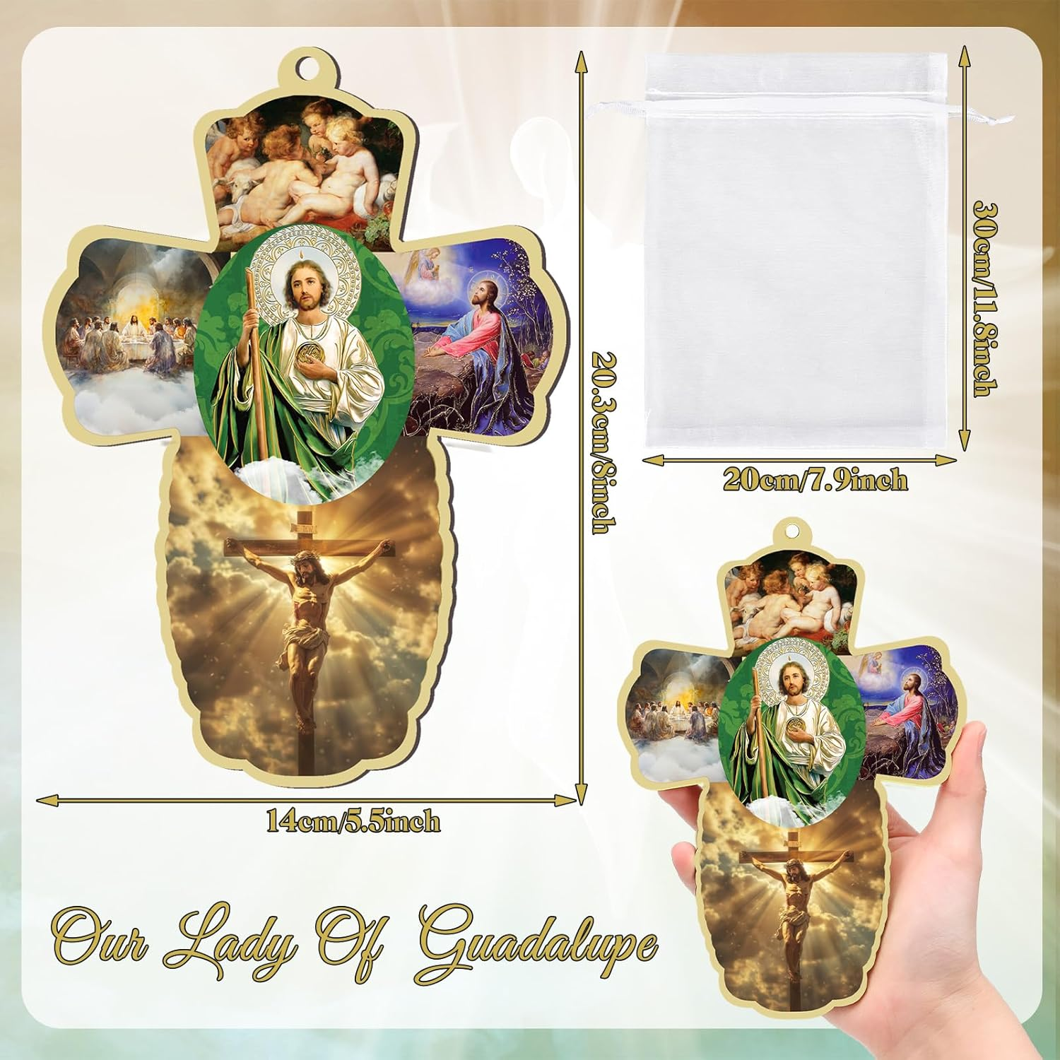 Landical 24 Pcs San Judas Tadeo Wood Wall Cross with Organza Gift Bags Novena Green Saint Jude Statues Catholic Religious Gifts for First Communion Baptism Favors Para Recuerdos De Bautizo Para Ni&ntilde;o image number 5