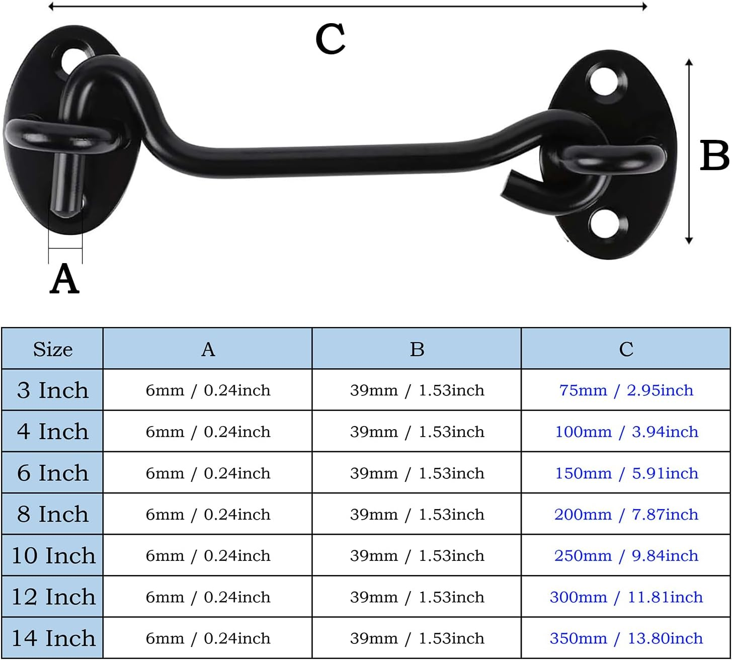 2PCS Barn Door Hook Lock, Gate Door Hook and Eye Latch, Cabin Hooks and Eye Latch Lock Cabinet Latche, Swivel Window Hook for Sliding Door Bedroom Bathroom Windows Gates Black, 6 Inch image number 6