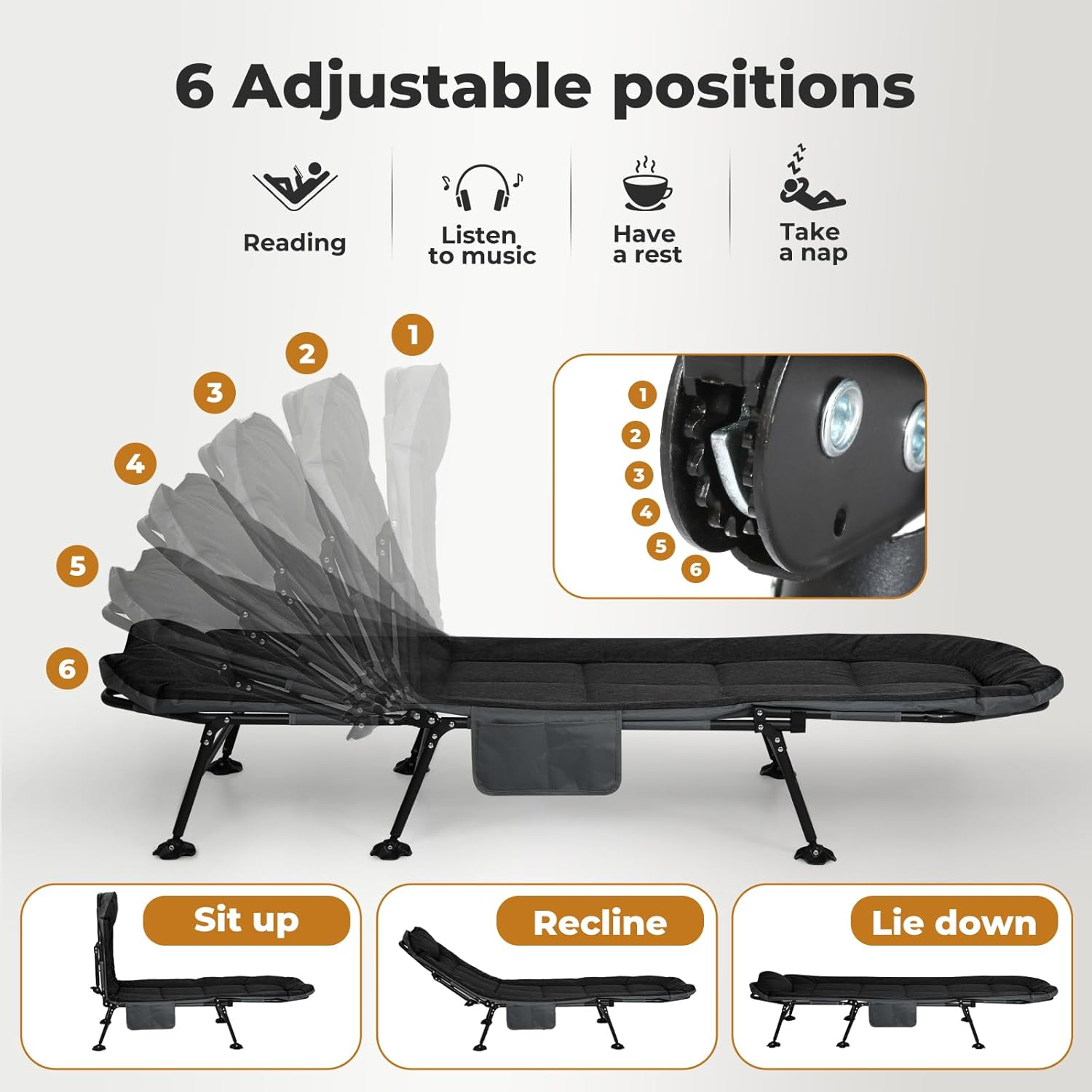 Levede Folding Camping Cot for Adults W/Cushion and Pillow, Camping Loungers Outdoor Portable Sleeping Camping Bed, 6-Position Adjustable Backrest,Lightweight Tent Cot, for Home,Beach,Patio(Black)