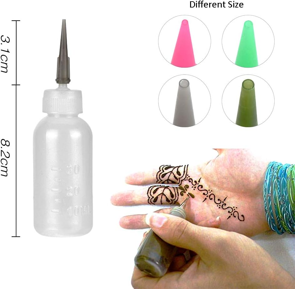 Xmasir Jagua Henna Applicator Bottles Kit for Tattoo Body Paint,Multi Purpose Precision Applicator Set 4 Pcs 1 Oz. Henna Bottle with 4 Pcs Caps 16 Pcs Needle Tips Sizes image number 2