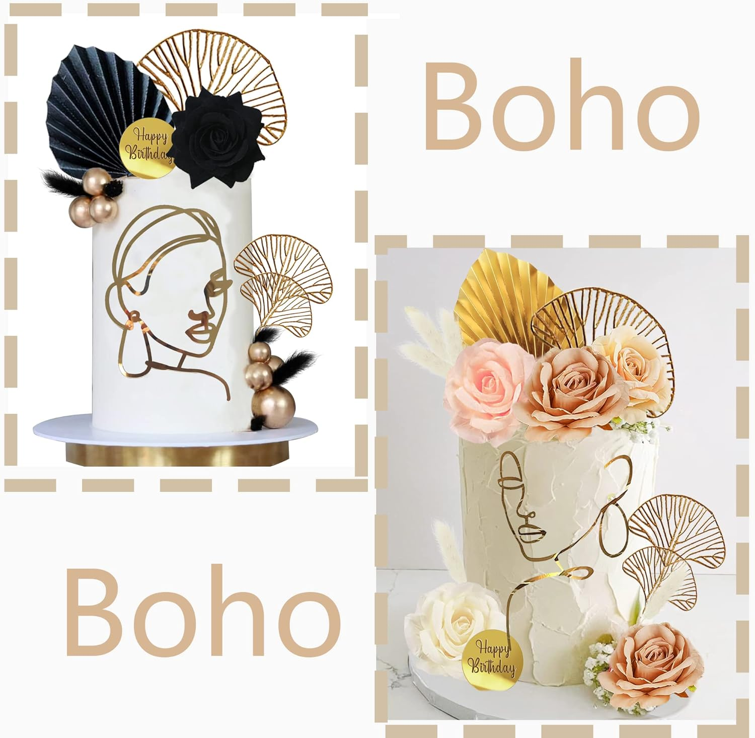 10 PCS Boho Cake Toppers Acrylic Minimalist Art Line Lady Face Cake Decorations for Wedding Bridal Shower Woman Girl Birthday Party Supplies (Gold) image number 2