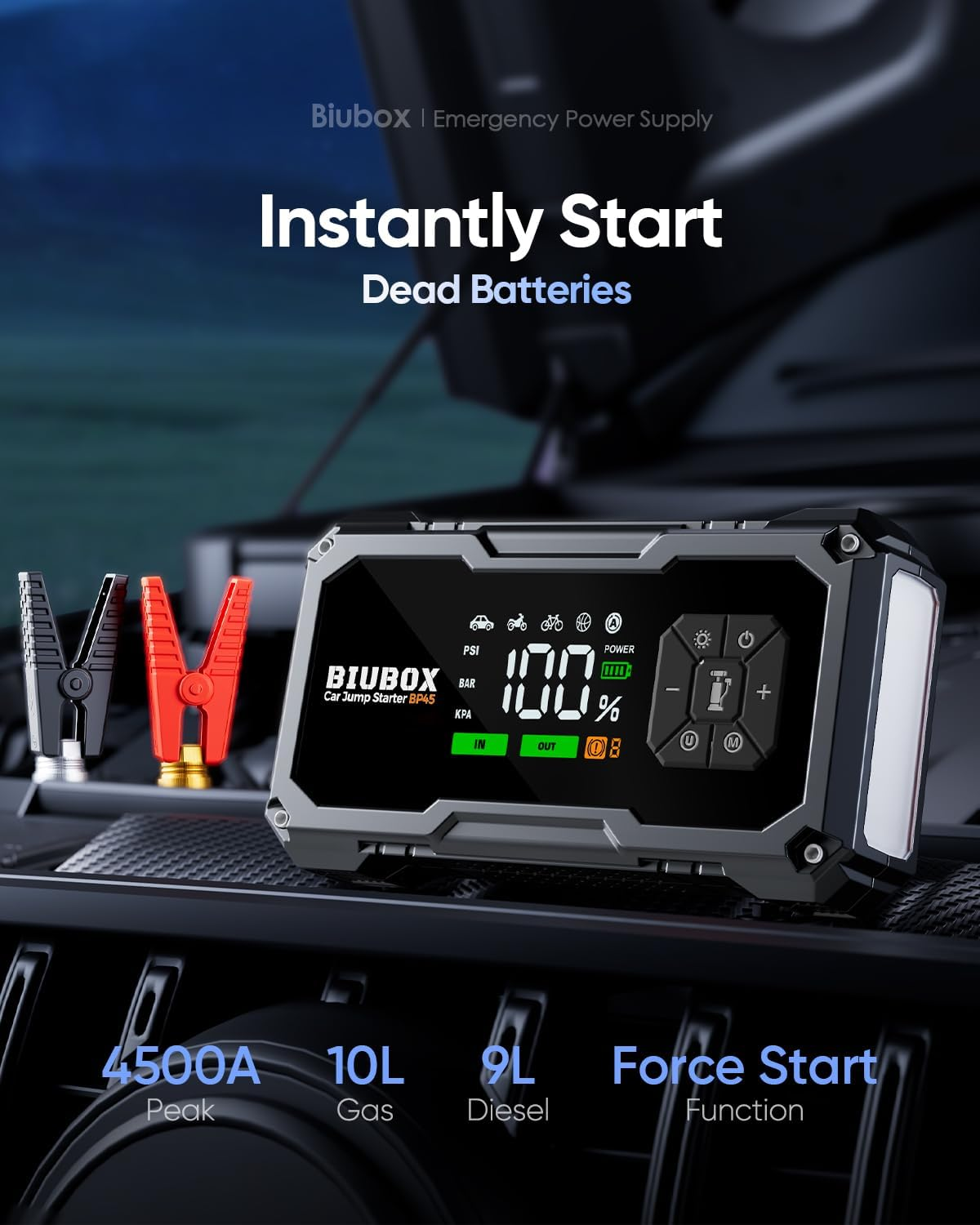 Car Jump Starter with Air Compressor, Biubox 4500A 150PSI Portable Car Battery Jump Starter for 10L Gas /9L Diesel, 12V Car Jump Starter Power Bank Charger with Tyre Inflator, LED Display, 500Lm Light image number 6