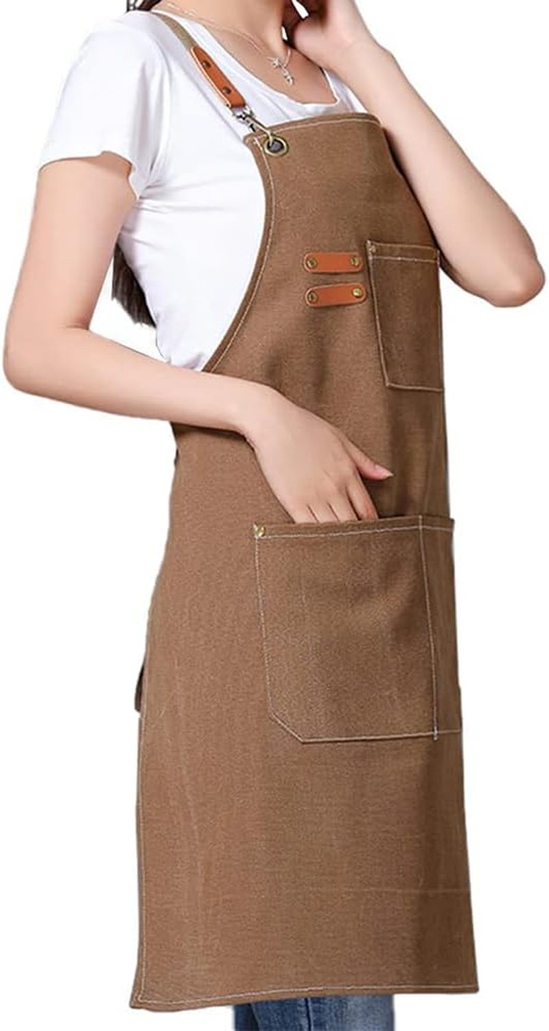 Kitchen Thicken Canvas Apron with Adjustable Straps and Large Pockets, Cooking Baking Bib Apron, Apron Suitable for Painting Pottery Ceramics (Coffee, 72 CM) image number 6