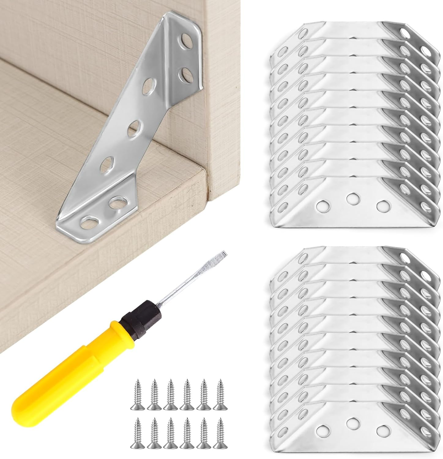 20 Pcs Stainless Steel Furniture Corner Connector Triangle Bracket Furniture Corner Connectors with Screws Flat Corner Brace Universal Stainless Steel Furniture Corner Connector for Furniture (Silver) image number 4