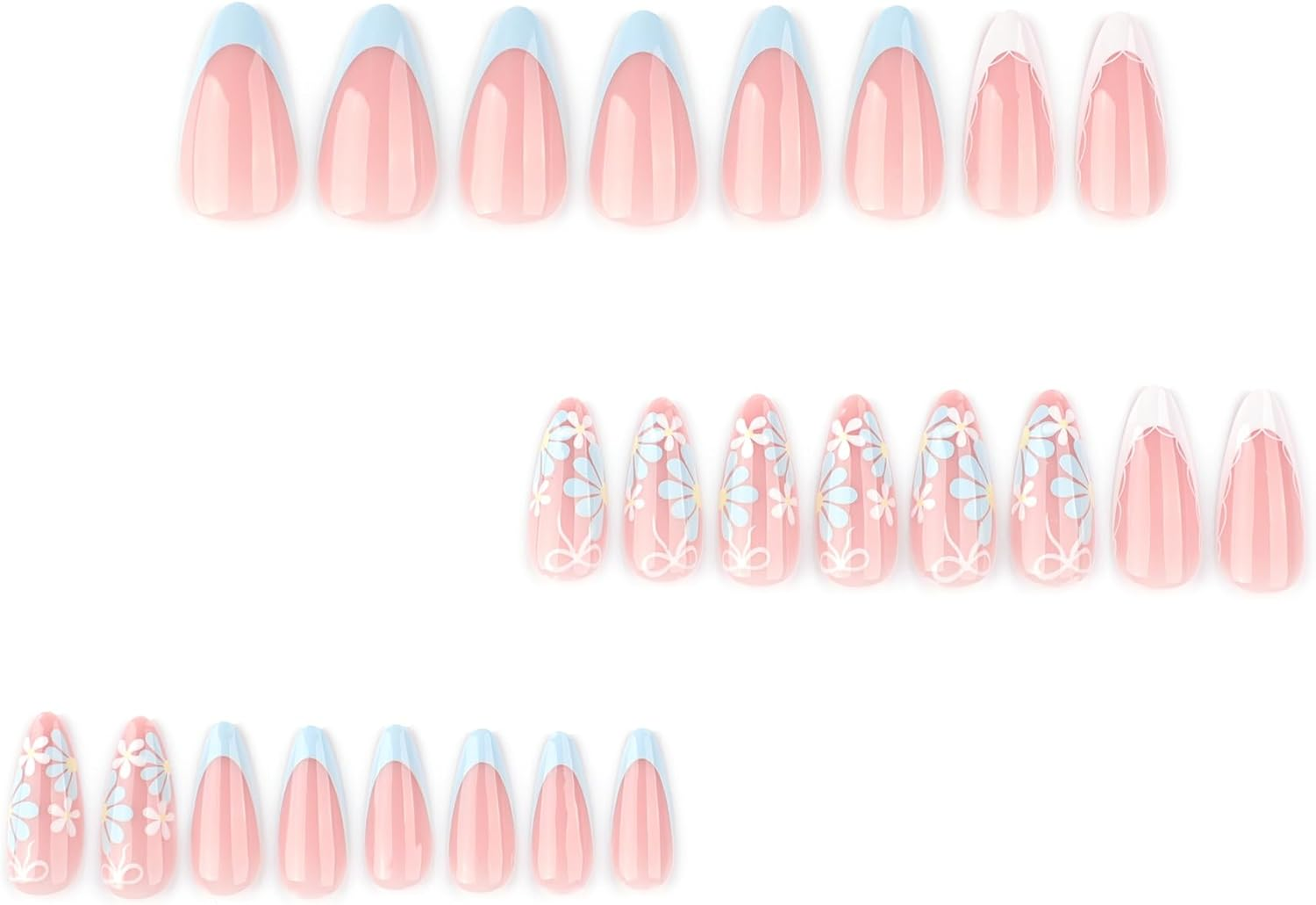 Mouyouglow Press on Nails Short, Almond White French Baby Blue Flowers Floral Bow Tie Fake Nails with Nail Glue, Blue Flowers Acrylic Sweet Summer INS Artificial Fingernails - Yf2 image number 4