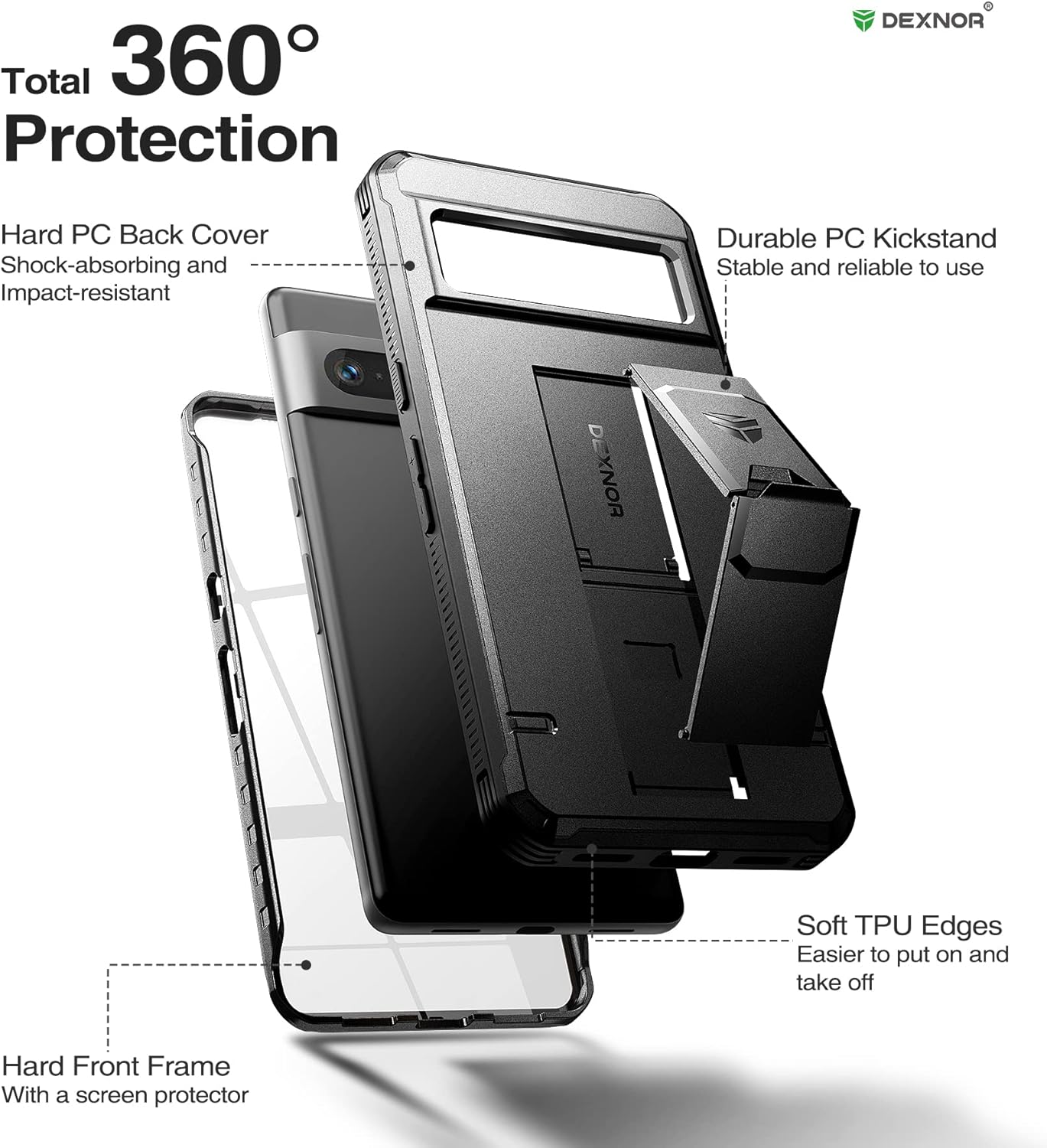 DEXNOR for Google Pixel 7 Pro 5G Case, [Built in Screen Protector and Kickstand] Heavy Duty Military Grade Protection Shockproof Protective Cover for Samsung Google Pixel 7 Pro 5G - Black - Black image number 6