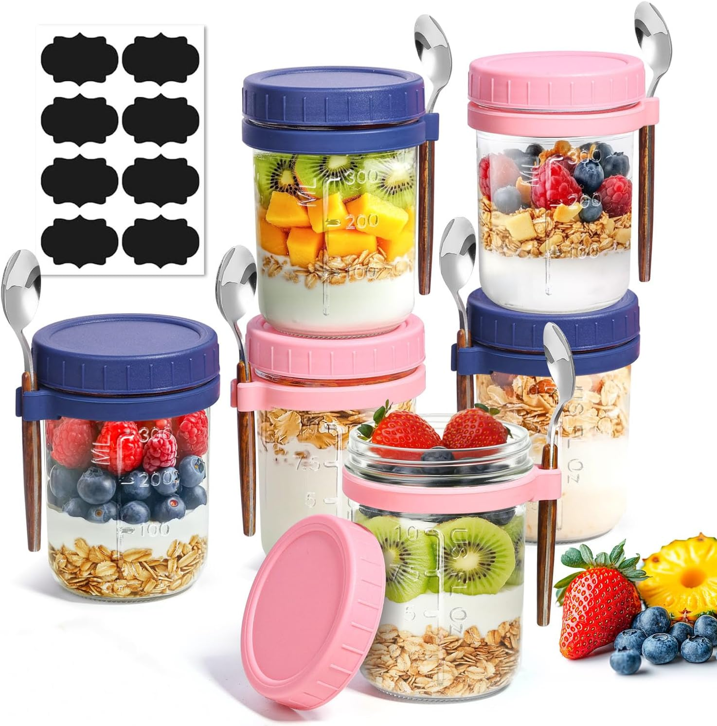 12 OZ Overnight Oats Jar Pack of 6, Airtight Glass Oatmeal Container with Spoon Overnight Oats Container with Lids for Milk, Cereal, Fruit image number 6