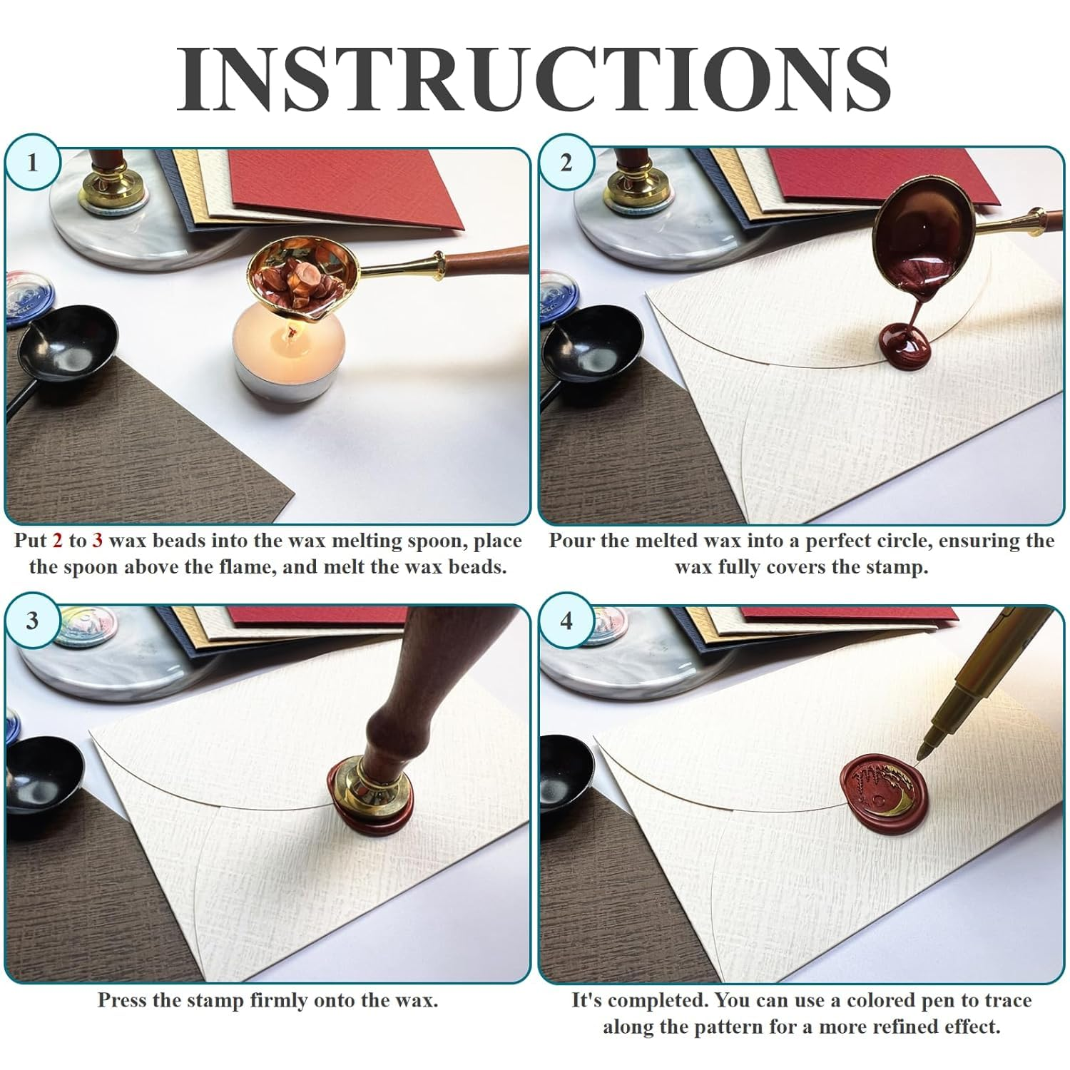 400 PCS Sealing Wax Beads for Stamp,Wax Seal Kit with 3 Tea Candles and 1 Melting Spoon,Antique Decor,Octagon Wax Pellets,For Wine Packages,Wedding Invitations,Envelope (Crown Gold) - Crown Gold image number 2