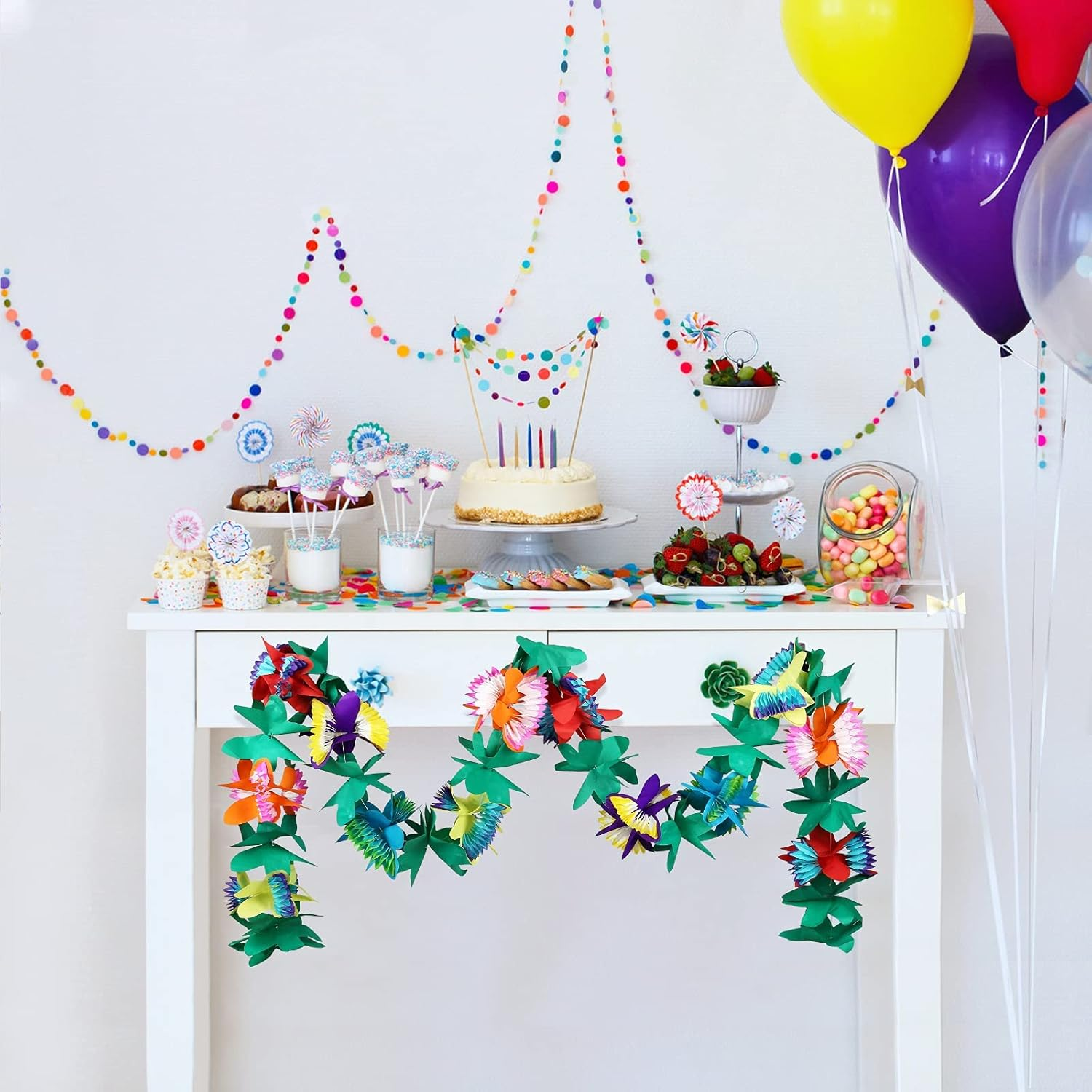 LEMESO 3 PCS Tropical Paper Flower Garland Hawaiian Flower Banner,30Ft Tissue Flower Banner for Luau Party Decorations, Tropical Party Decor，Christmas Decorations image number 3