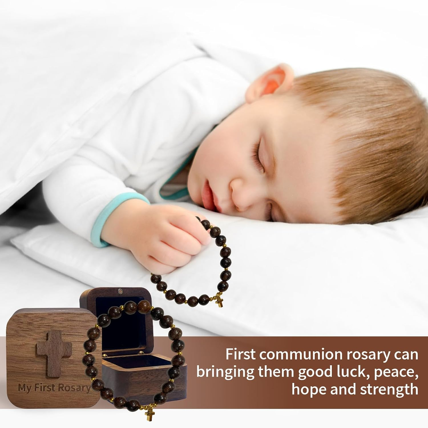 My First Rosary with Walnut Wood Keepsake Box, Catholic Baptism Gifts, Baby Rosary, Shower Rosary Beads, First Holy Communion Gifts for Boy and Girl image number 1