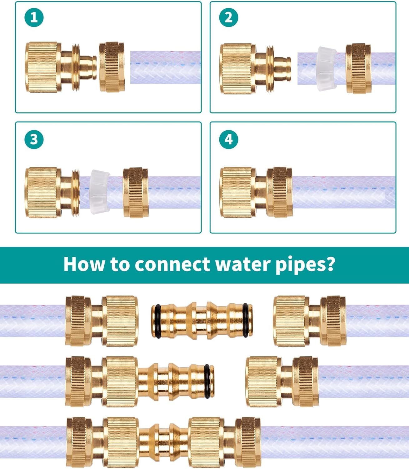 MLUOTALY Garden Hose Connector Kit, 1/2 Inch and 3/4 Inch Solid Brass Hose Tap Connectors, Tap Connector with Sealing Ring for Outdoor, Garden, Courtyard, Lawn (9Pack) image number 1