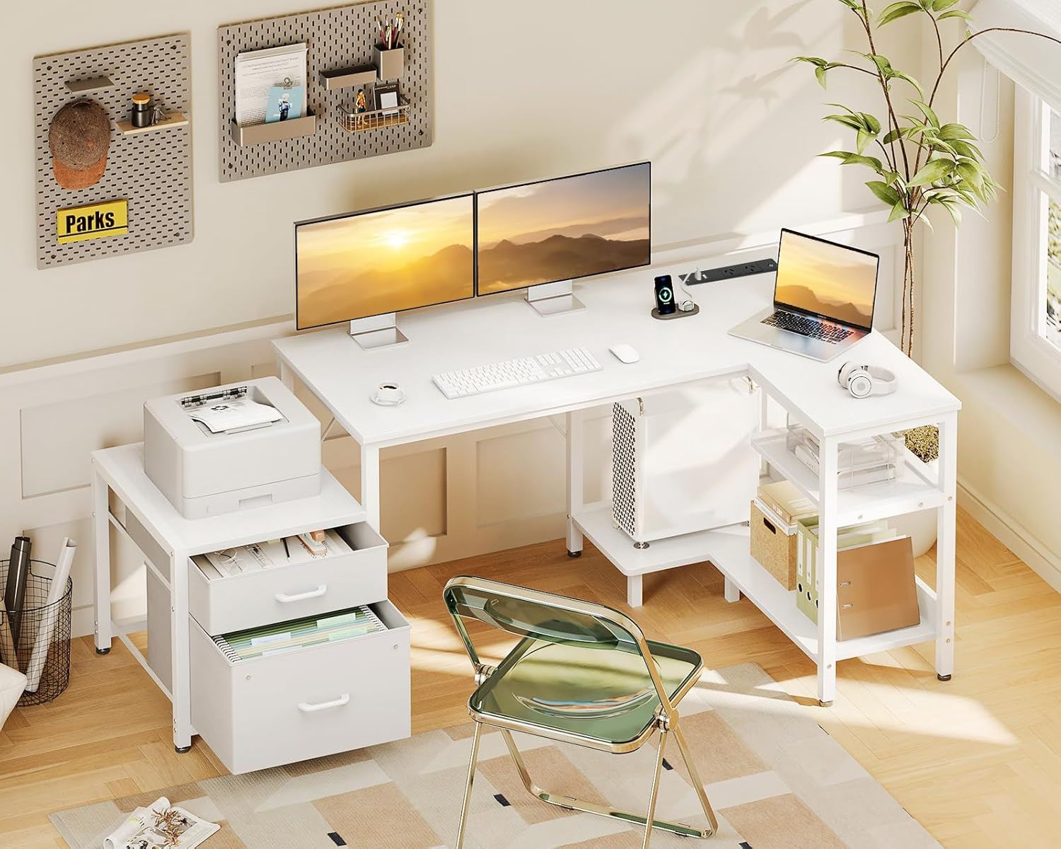 ODK 63Inch L Shaped Computer Desk with Power Outlet & Large File Drawer, Home Office Desk with Reversible Storage Shelves,Corner Desk for Home Office Bedroom Study Work,160 * 80 * 75.7Cm, White image number 6