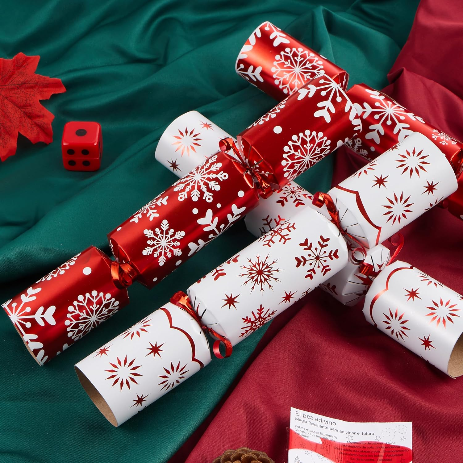 10&rdquo; Christmas No Snap No Popping Party Table Favor(10 Pack) with Red & White Snowflake Design, with Party Hat, Joke & Little Gift Inside, for Xmas Gift, Christmas Seasonal Holiday Dinner Traditions image number 6