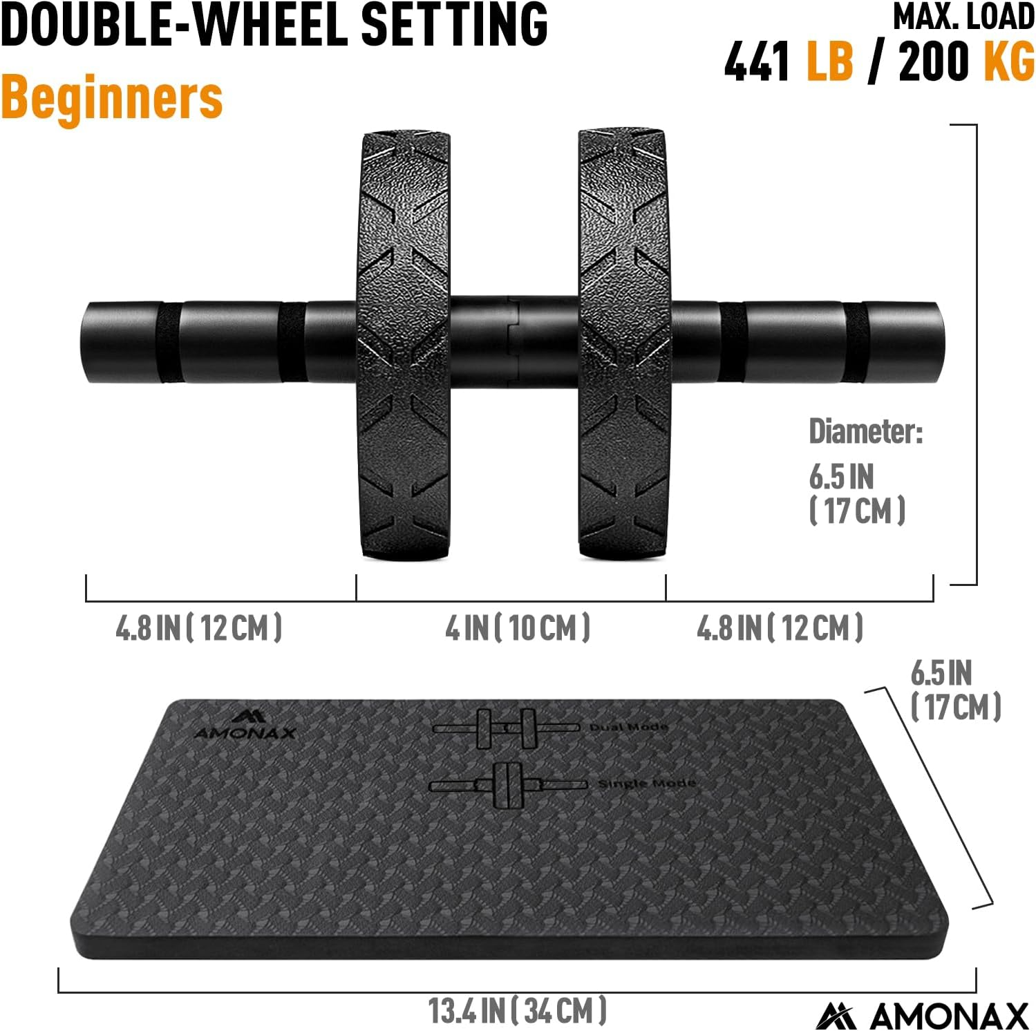 Amonax Convertible Ab Wheel Roller with Large Knee Mat for Core Abs Rollout Exercise. Double Wheel Set with Dual Fitness Strength Training Modes at Gym or Home image number 5