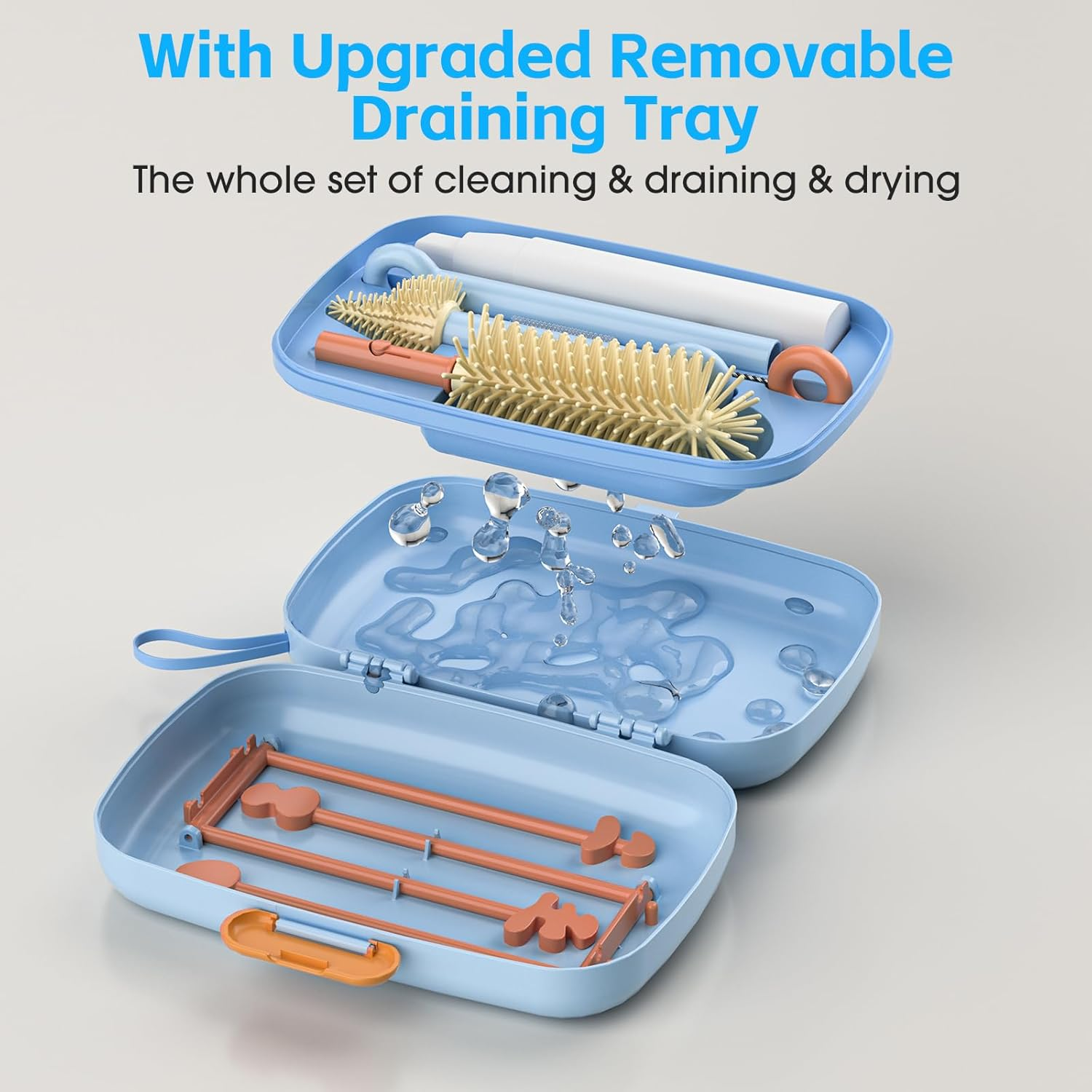 7 in 1 Baby Bottle Cleaner Set with Drying Rack, Draining Tray, Detachable Brushes for Bottles, Nipples, Straws, Soap Dispenser, Ideal Travel Gifts - Blue image number 6