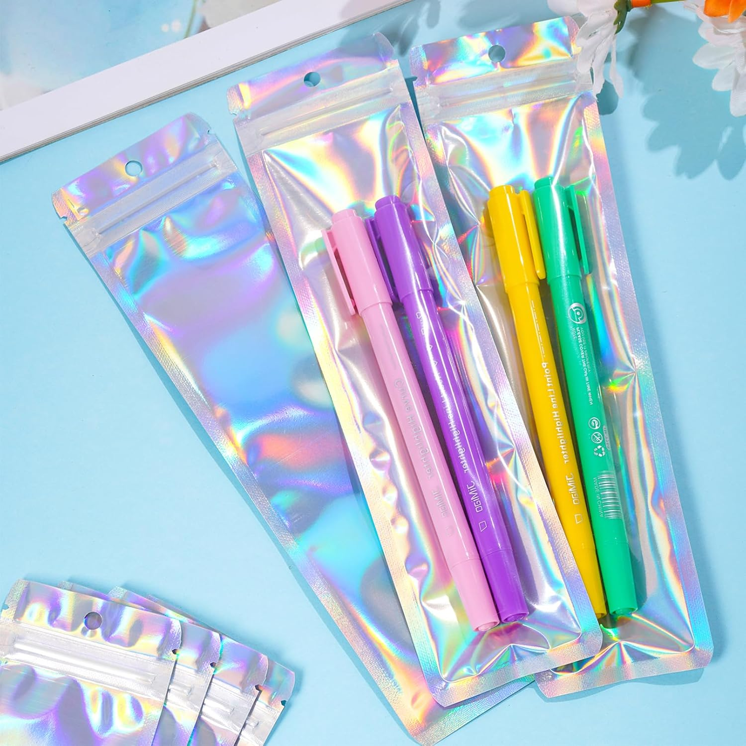 100 Pcs Pen Packaging Bags for Small Business Resealable Foil Pouch Bag for Pens Holographic Packaging Pouch Bag Ziplock Smell Proof Storage Bags (2.4X9 Inch) image number 5