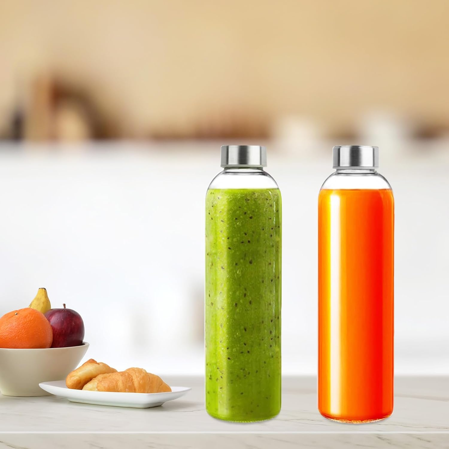 6 Pcs Glass Water Bottle Set,18Oz/500Ml Clear Glass Drink Bottles with Stainless Steel Lids Reusable Leak Proof Drinking Bottles for Home, Office, Gym & Outdoors image number 1