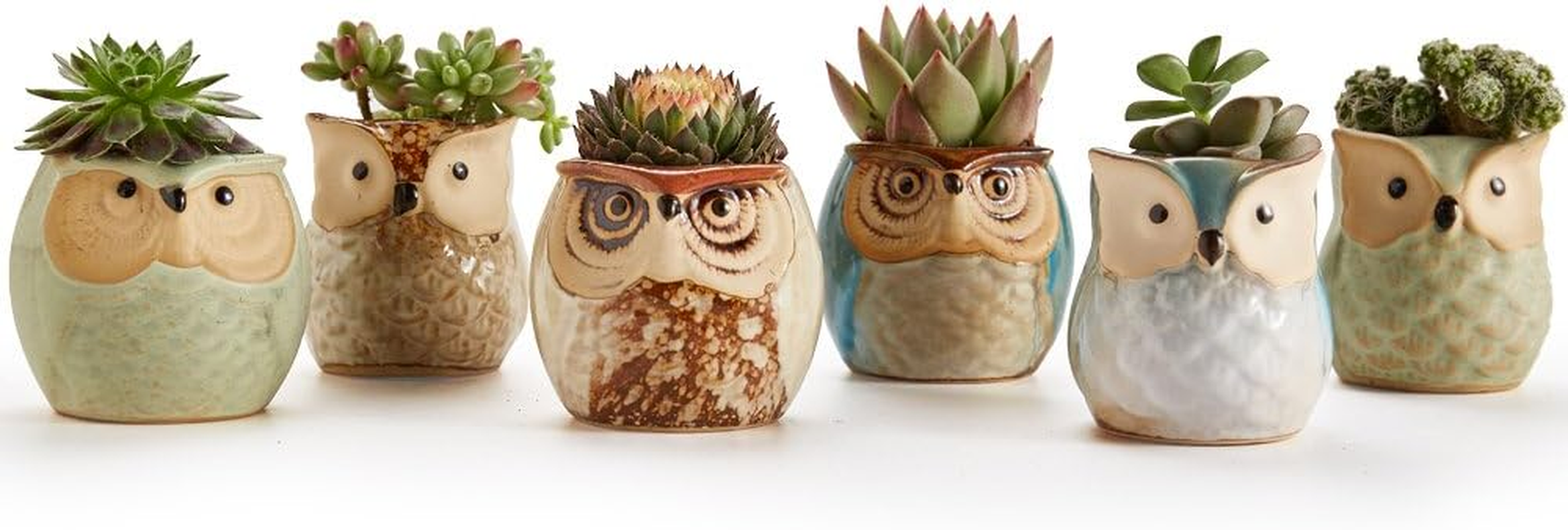 Sun-E 6 in Set Owl Pot Ceramic Flowing Glaze Base Serial Set Succulent Plant Pot Cactus Plant Pot Flower Pot Container Planter Bonsai Pots with a Hole Perfect Gife Idea 2.5 Inch image number 5