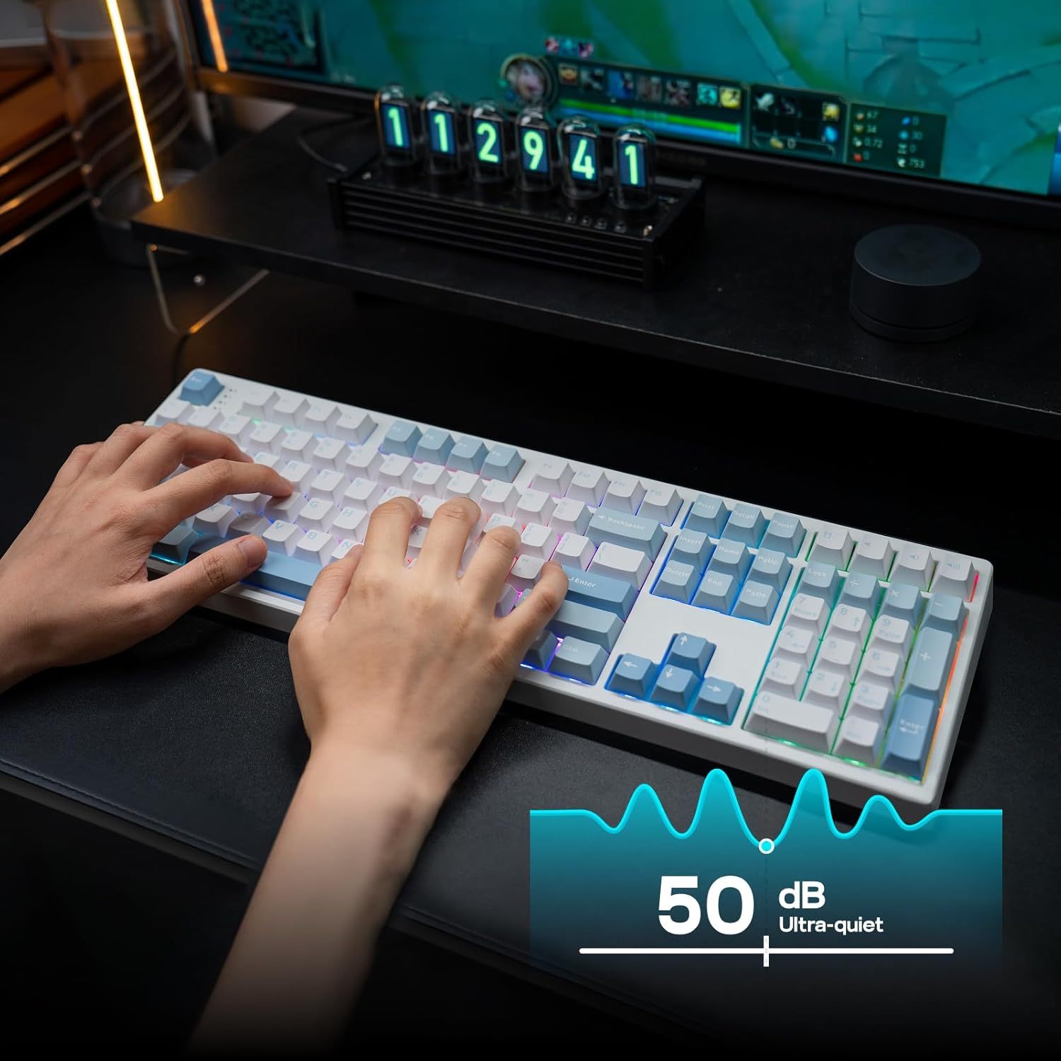 EPOMAKER TH108 Full Size Mechanical Keyboard, Wireless Gaming Keyboard with 8000Mah Battery, Creamy Gasket, 108 Keys, Hot Swap, Custom Driver, RGB Backlight (Blue&White, Sea Salt Silent) image number 2
