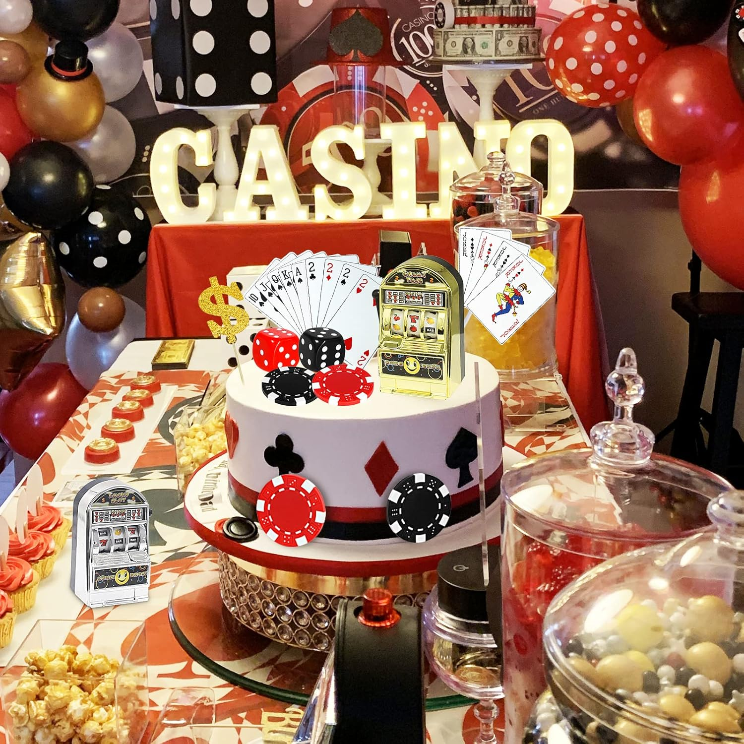 Morofme 21 PCS Casino Cake Decorations with Slot Machine Toy Cake Toppers Poker Cupcake Topper Casino Happy Birthday Cake Topper Poker Chips Dices Dollar Sign Las Vegas Themed Birthday Party Supplies