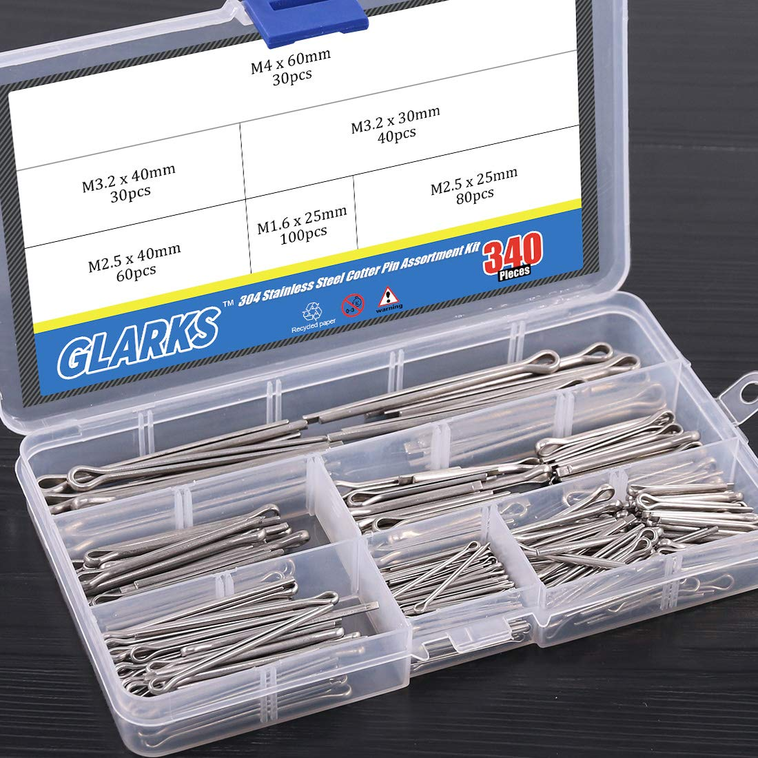 Glarks 340-Pieces 6 Sizes 304 Stainless Steel Cotter Pin Clip Key Fastner Fitting Assortment Kit for Automotive, Mechanics, Car Garage, Power Equipment, Cars, Trucks, Lawn Mower, Small Engine Repair image number 2