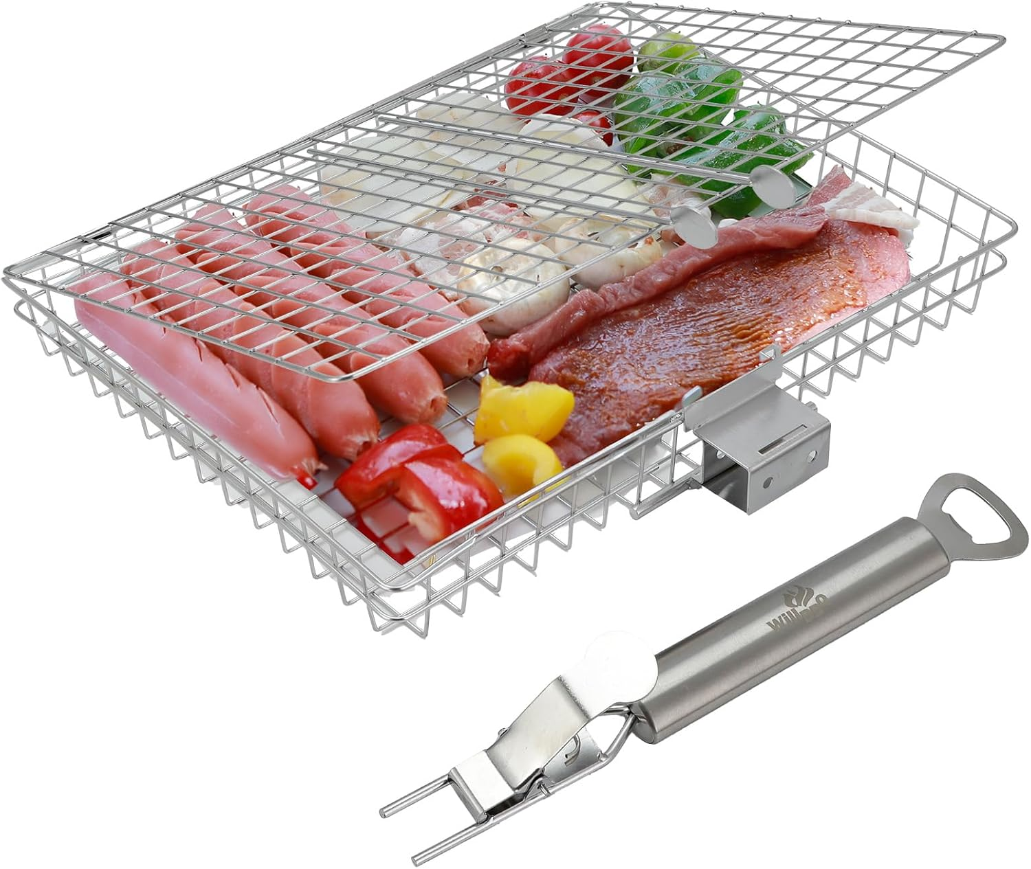 Willbbq Multi-Function BBQ Basket &ndash; Portable Large Stainless Steel Grill Basket with Removeable Handle, Perfect for Outdoor Cooking, BBQ, Kitchen Use image number 1