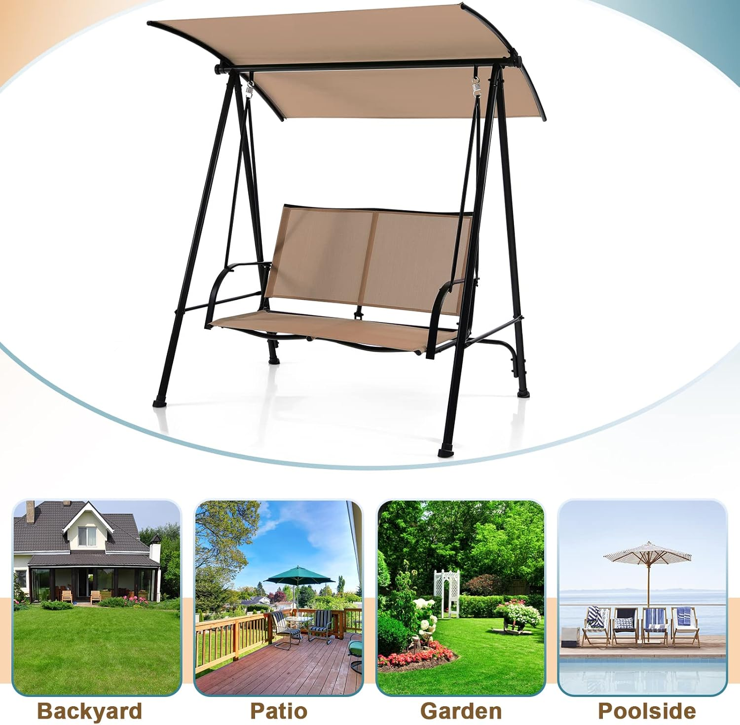 Costway 2-Seat Outdoor Swing with Adjustable Canopy, Patio Canopy Swing Bench with Comfortable Fabric Seat & Heavy-Duty Metal Frame,Outdoor Swing Loveseat for Patio, Garden, Poolside (Beige) - Beige image number 3