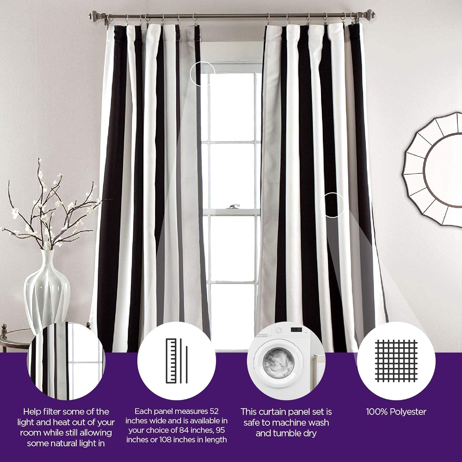 Lush Decor, Black Wilbur Stripe Light Filtering Window Curtain Panel Pair, 108" X 52", 52" W X 108" L image number 5