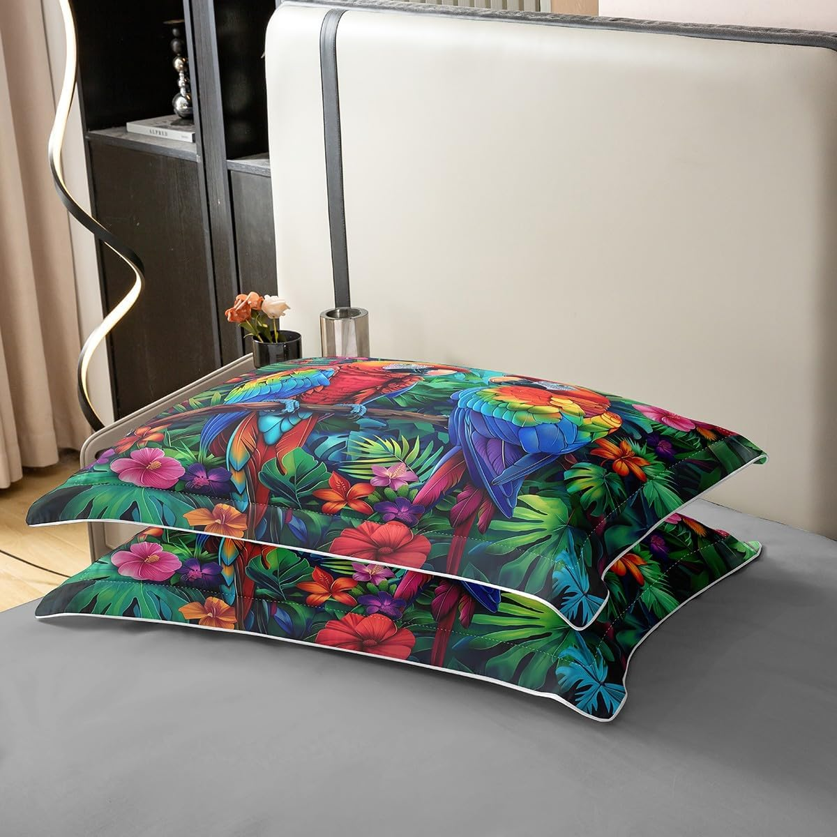 Parrot 100% Cotton Bed Linen Set, Colourful Animals Tropical Jungle Duvet Cover 135 X 200 Cm for Children, Boys, Girls, Teenagers, Palm Leaves, Flowers, Natural Duvet Cover with 1 Pillowcase Bed Set image number 6