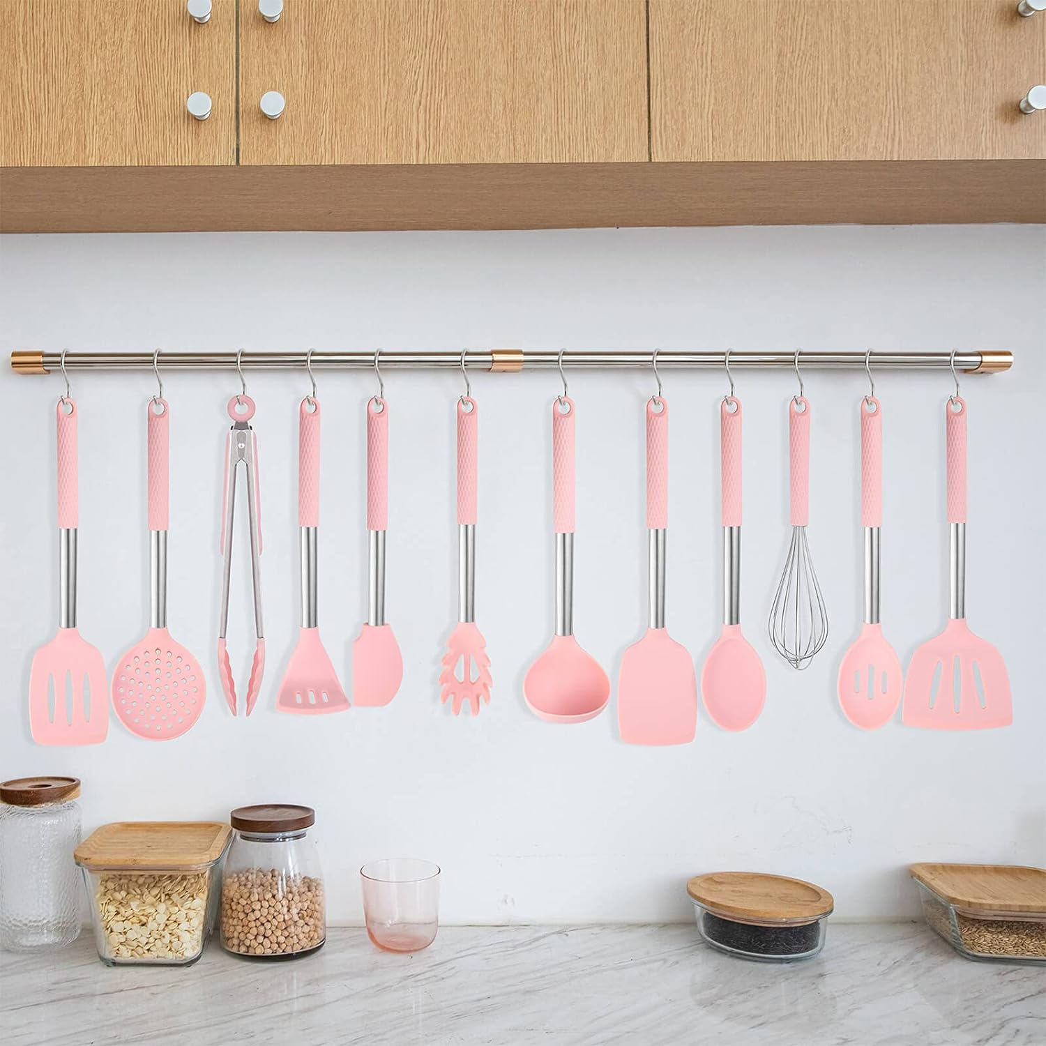 Rorence Kitchen Utensil Cooking Utensil Set for Baking Mixing: 12 Pieces Kitchen Gadgets Non-Stick & Heat Resistance Silicon and Stainless Steel Handles (Utensil Holder Not Included) - Pink - Blue image number 7