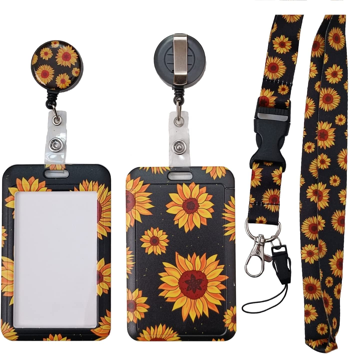 Badge Holder with Detachable Neck Lanyard Reel Clip, Retractable Vertical ID Card Holder Keychain Name Badge with Belt Clip, Work Office Nurse Medical Student Teacher Women Men Gifts (Sunflower) - Blue Marble image number 3