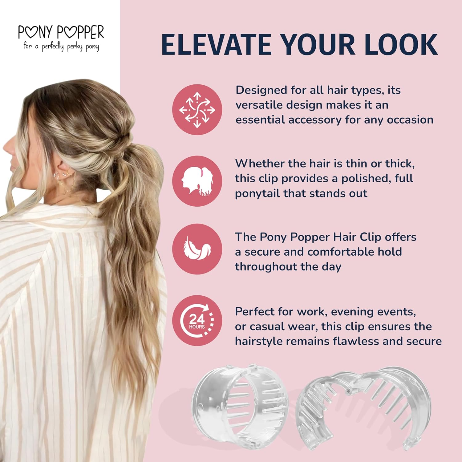 Pony Popper Hair Clip - Ultimate Solution for Full, Voluminous, and Natural Ponytails with Minimal Effort - Versatile Hair Clip for All Hair Types (Clear) image number 2