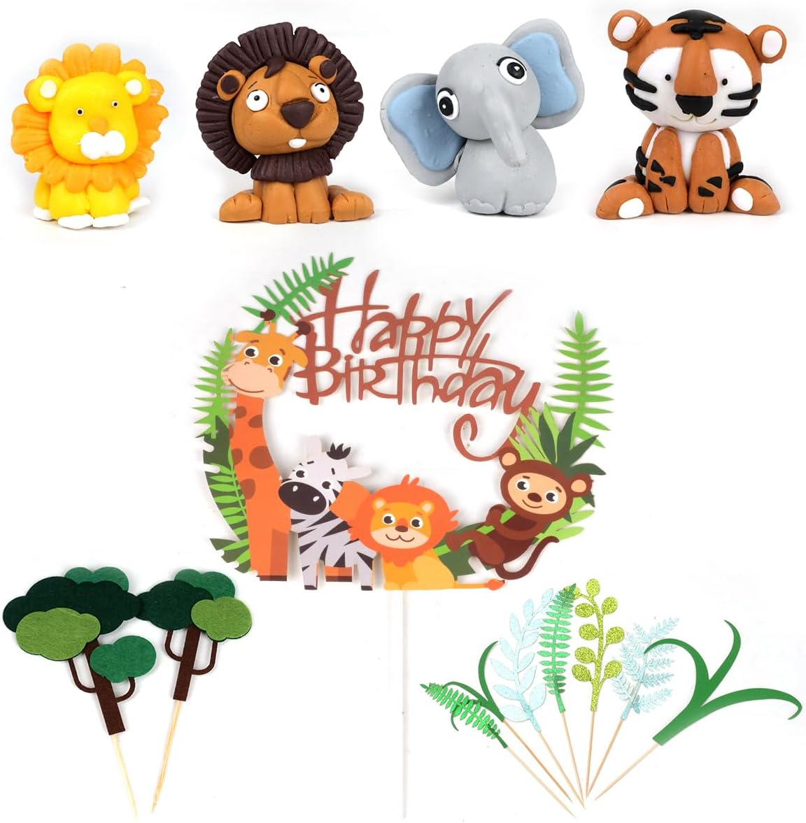 Jungle Safari Animal Cake Toppers, 14Pcs Happy Birthday Animal Cake Decoration Giraffe Tiger Lion Elephant Cake Topper for Jungle Animals Theme Party Baby Showers Kid Birthday Party Supplies image number 6
