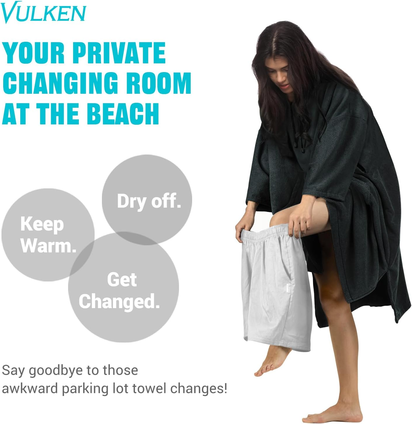 Vulken Thick Hooded Beach Towel Changing Robe, 3/4 Sleeve Surf Poncho for Men and Women, Easy Change, Microfiber Towelling for Beach Swimming, 39" X 33", Black image number 5