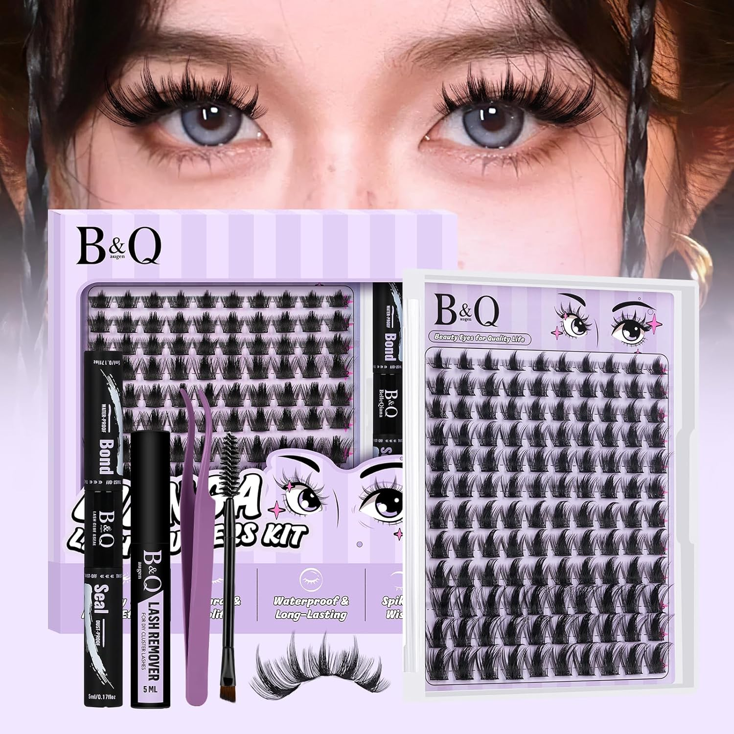 B&Q Manga Lash Clusters Kit Spiky Eyelash Clusters 8-18Mm Mixed 120Pcs Lash Extension Kit Thick Curly Feature Anime Cosplay Individual Eyelash with Thin Band Cosplay Diy at Home(Set-Anime 01)
