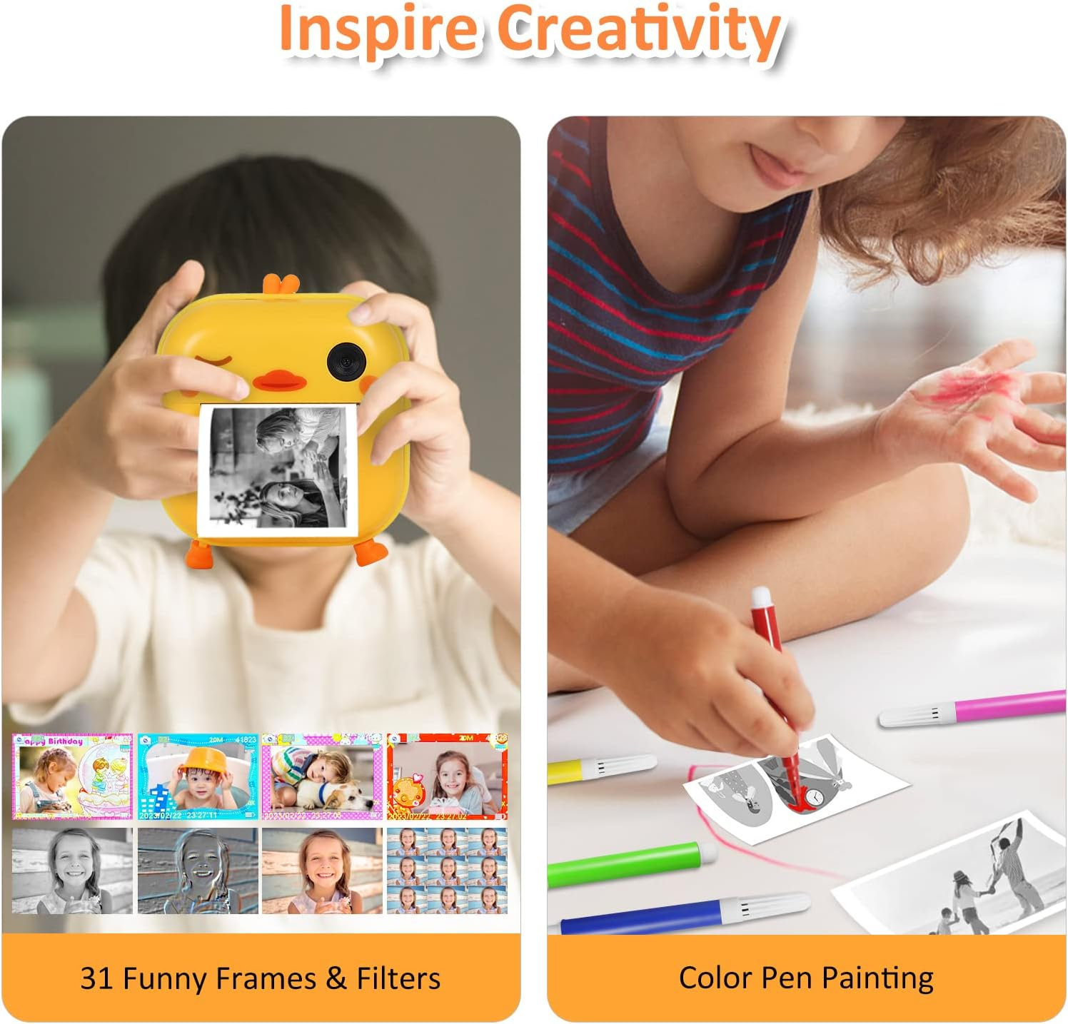 AURTEC Instant Camera for Kids, Mini Thermal Printing Camera, No Ink Required, 48MP Dual Camera,1080P HD Video, 32G TF Card, 3 Print Paper, 2.4 Inch Color Screen, Cute Animal Cartoon Design, Duck image number 2