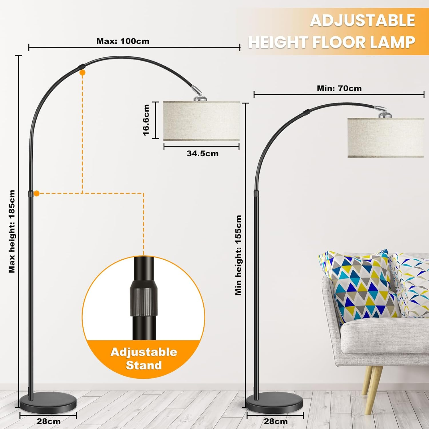 NUFECARG Arc Floor Lamp, 9W 1000LM Modern Floor Lamp with Contactless Control, Hanging Drum Shade Standing Lamp with Marble Base, Adjustable Stepless Colors & Brightness, Black image number 1