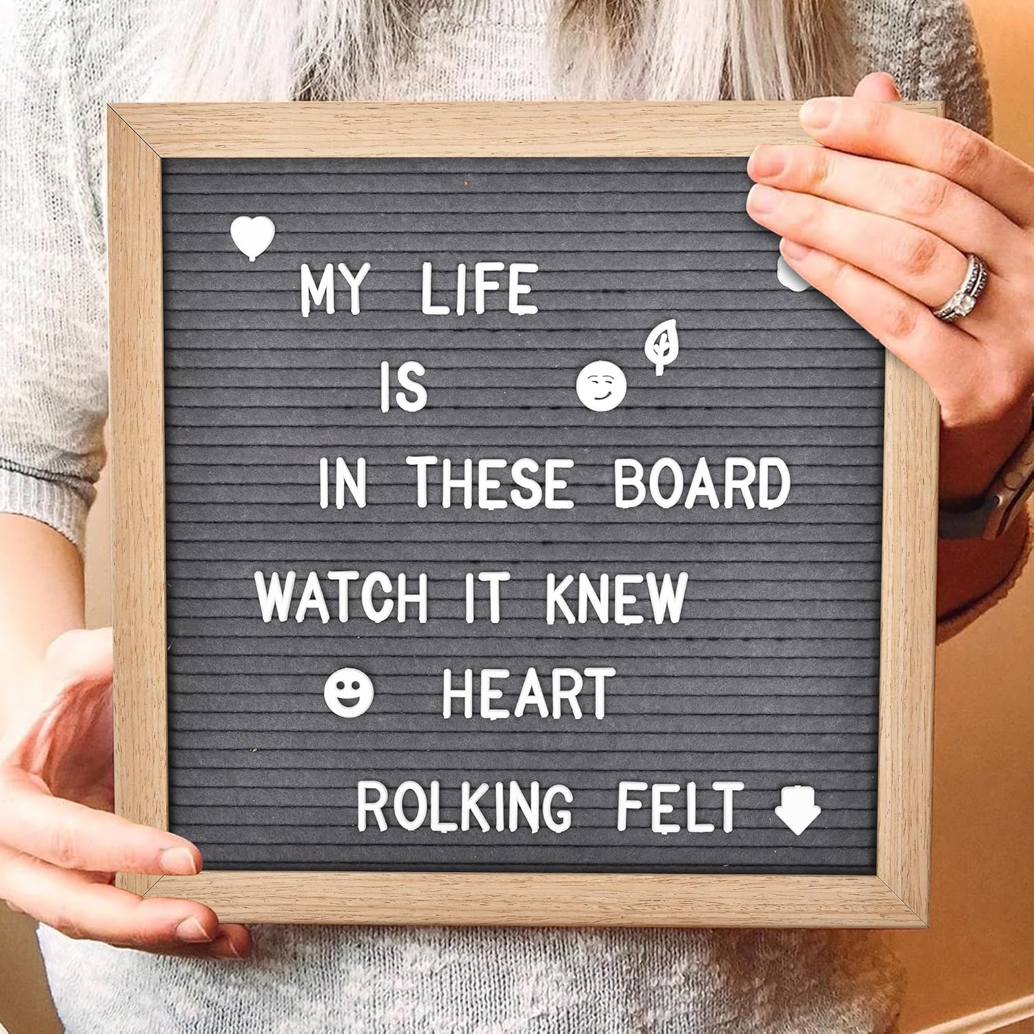 Veskaoty Felt Letter Board with 460 Letters, Numbers & Symbols - 12 X 12 Inch Changeable Message Board with Wooden Frame Wall Mount Hook, (Gray Board & Wood Frame), (PL-GW-12B) - Beige image number 4