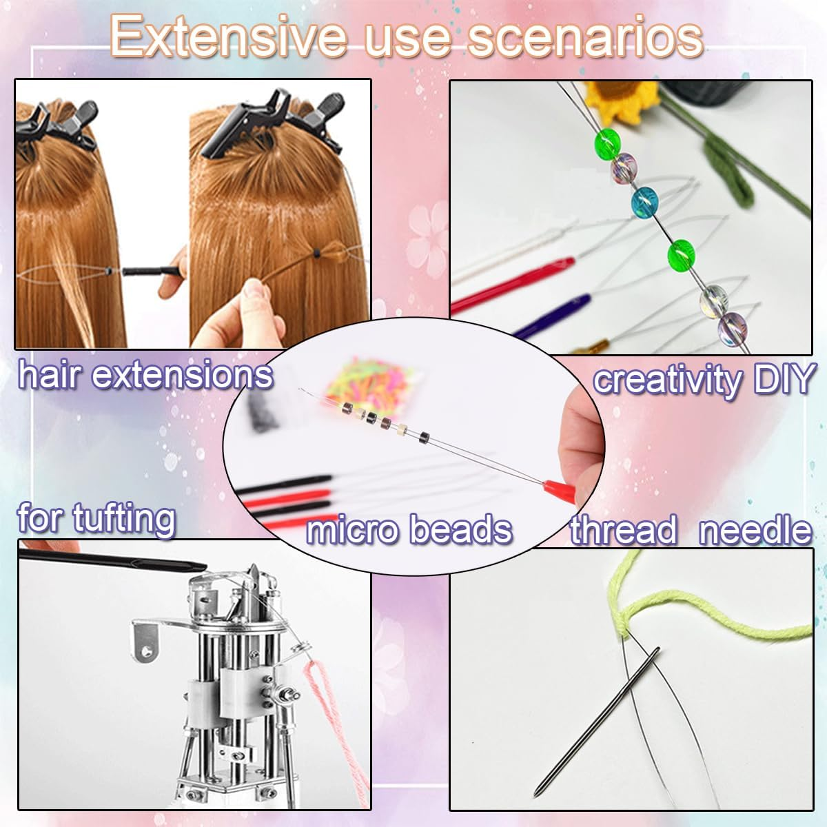 Hair Extension Loop Tools Set, 10 Pieces Pulling Needles with Beads, Black and Red Threader for Braiding, Tinsel & Extensions image number 2