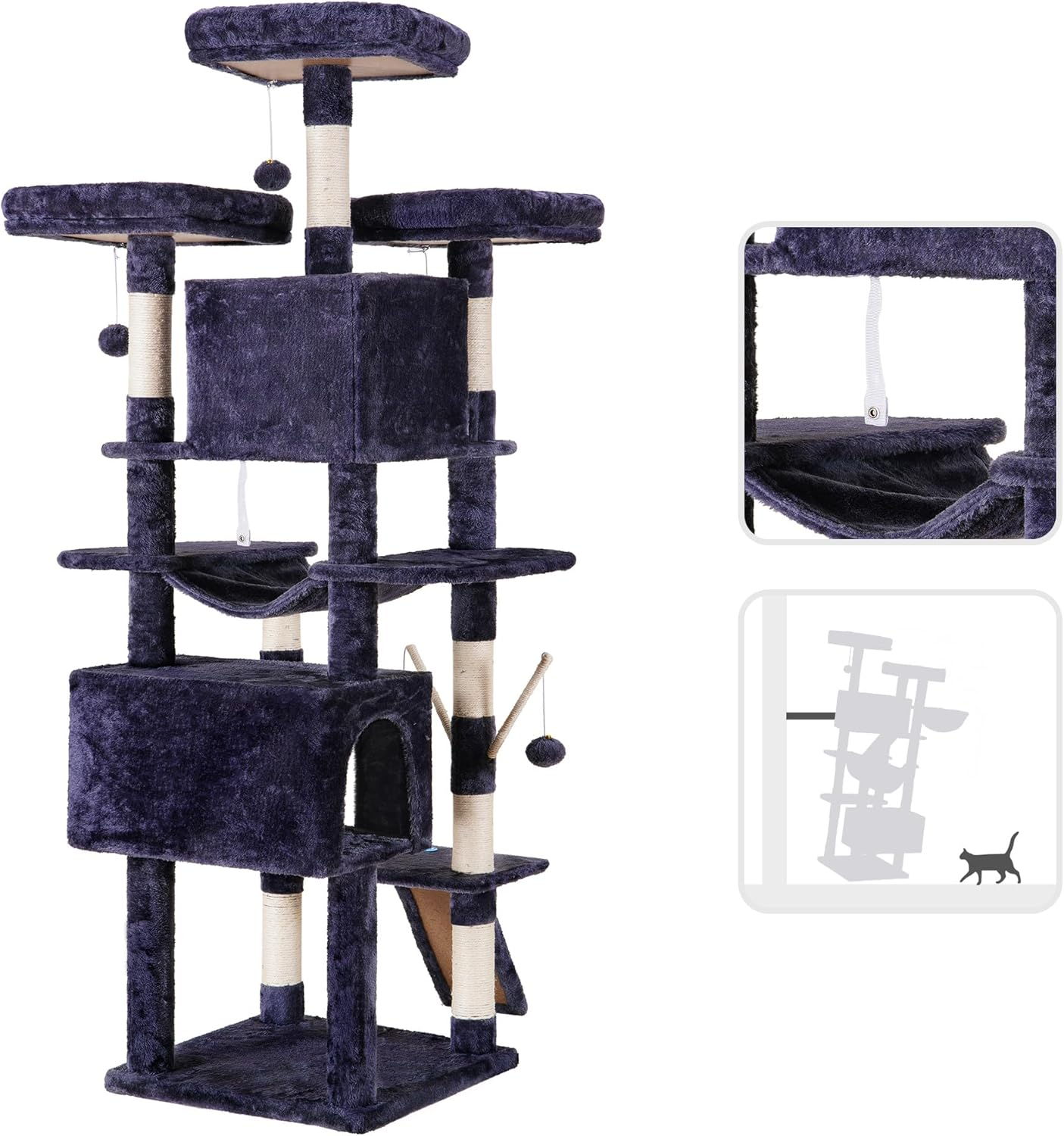 Hey-Brother Cat Tree, 180 Cm XL Large Cat Tower for Indoor Cats, Multi-Level House with 3 Padded Perches, Big Scratcher, Cozy Basket, 2 Cat Condos and Scratching Posts, Smoky Gray MPJ034G