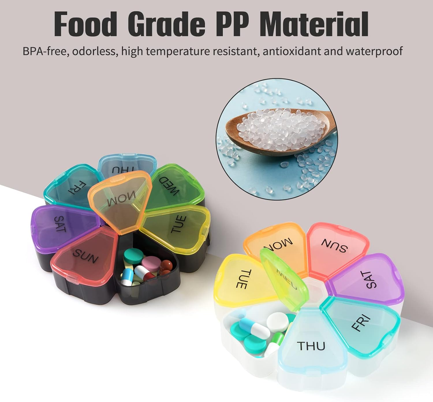 2 Pcs Weekly Pill Organizer KINGTLE Medicine Organiser Portable Flower Pill Dispensers Box, Large Capacity Medicine Organizer for Capsules Lozenges Health Pills image number 6