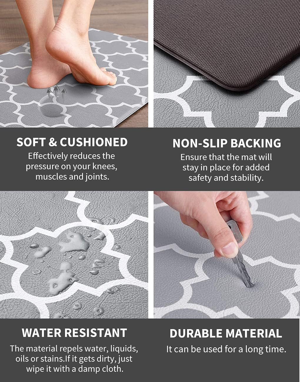 Vivva Kitchen Mat(3 Size) Cushioned Anti-Fatigue Kitchen Rug, Waterproof Non-Slip Kitchen Mats and Rugs Heavy Duty PVC Ergonomic Comfort Foam Rug for Kitchen, Floor Home, Grey(45X75Cm) image number 4