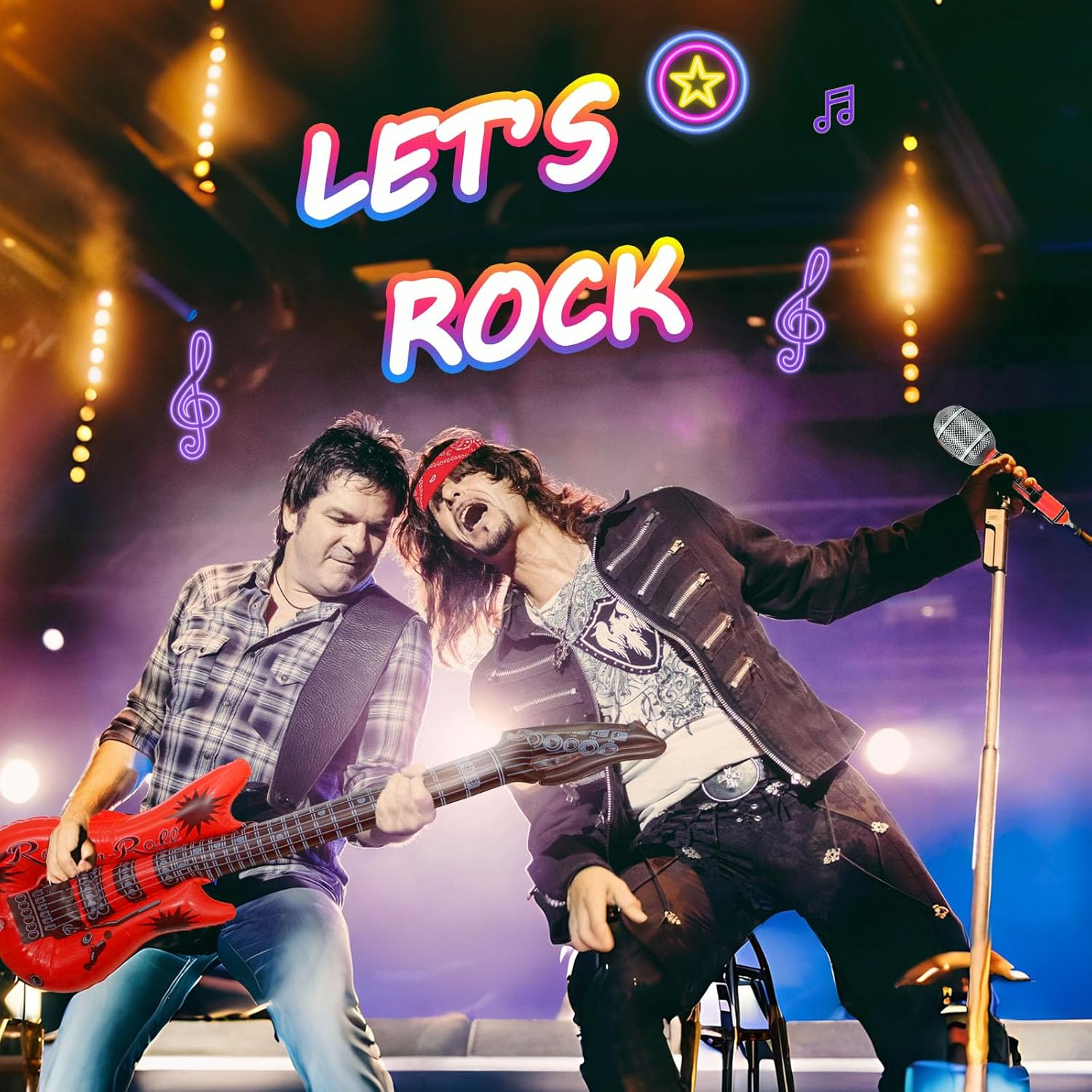 8Pcs Punk Gothic Rocker Costume Set, Rock Heavy Metal Accessories with Retro Sunglasses Gloves Bandana Fake Tattoo Sleeves Bracelet Inflatable Guitar for Women Men Halloween 80S Disco Party image number 3