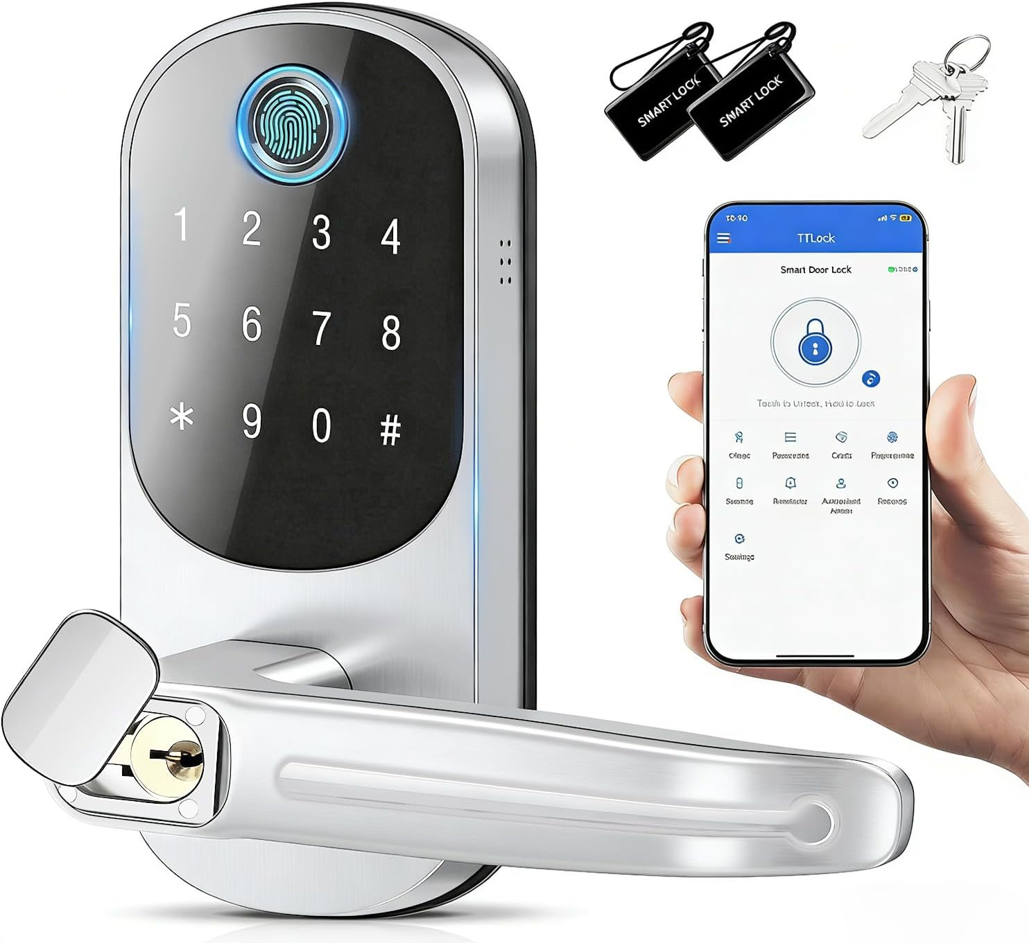 Silver Smart Lock - Electronic Door Lock with 5-In-1 Access - Fingerprint, Code, App, Key & Card Entry for Home, Rental，Office & Hotel Use image number 1