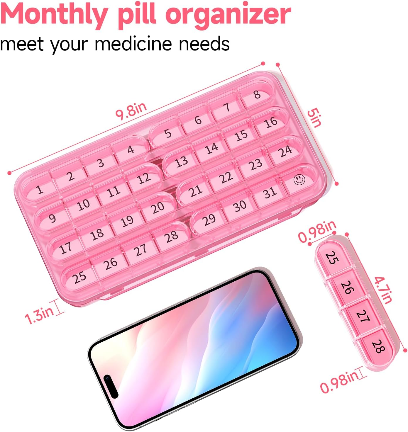 Zoksi Monthly Pill Organizer 1 Time a Day, 30 Day Pill Box Organizer Once a Day, One Month Large Pill Case for Travel, 31 Day Daily Medcine Container for Vitamins, Supplement & Medication (Pink) - Olive image number 3