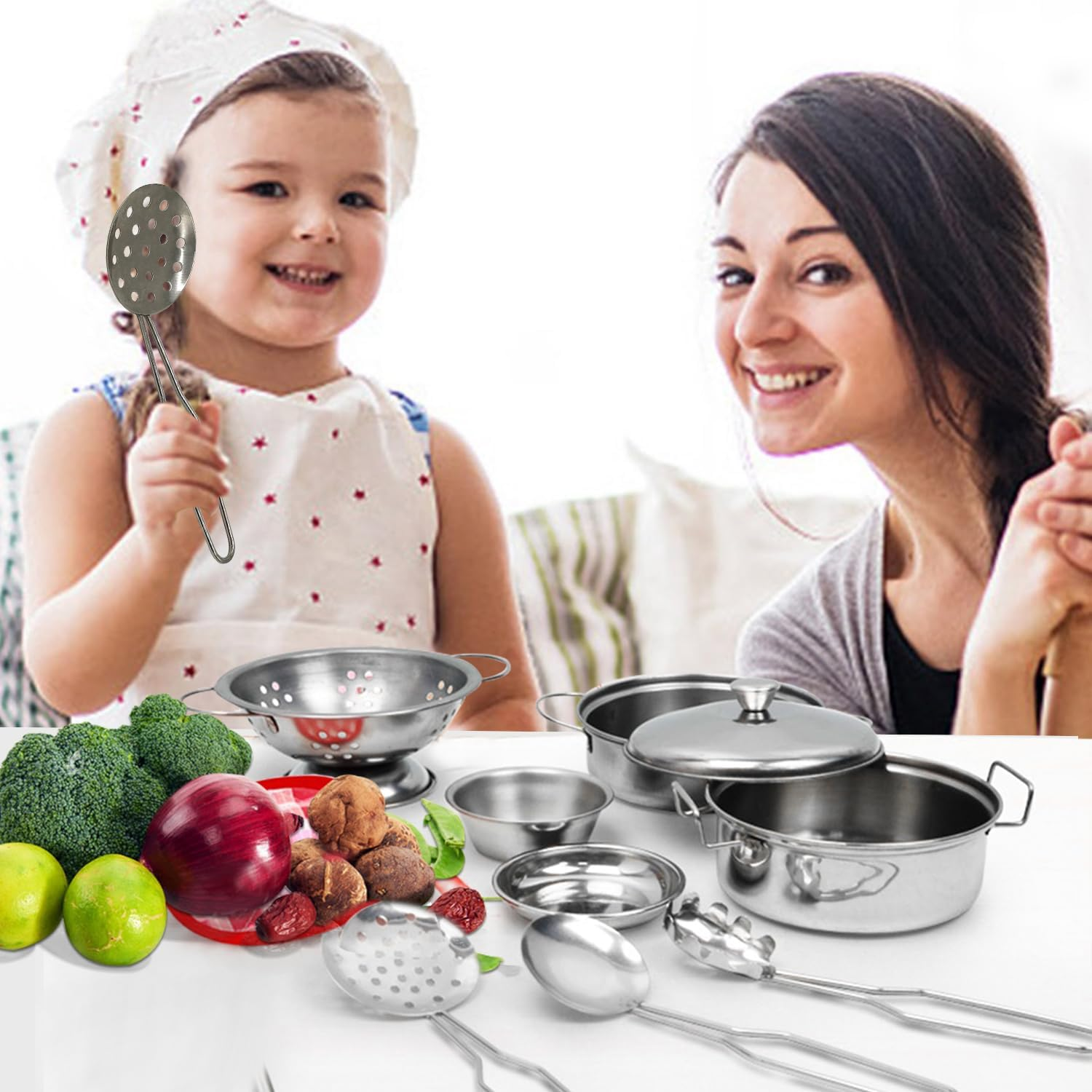 Kids Pretend Play Toys, Mini Kitchen Accessories Set with Stainless Steel Pots and Pans, Miniature Cooking Utensils Cookware for Girls and Boys, Classic Style 11PCS image number 5