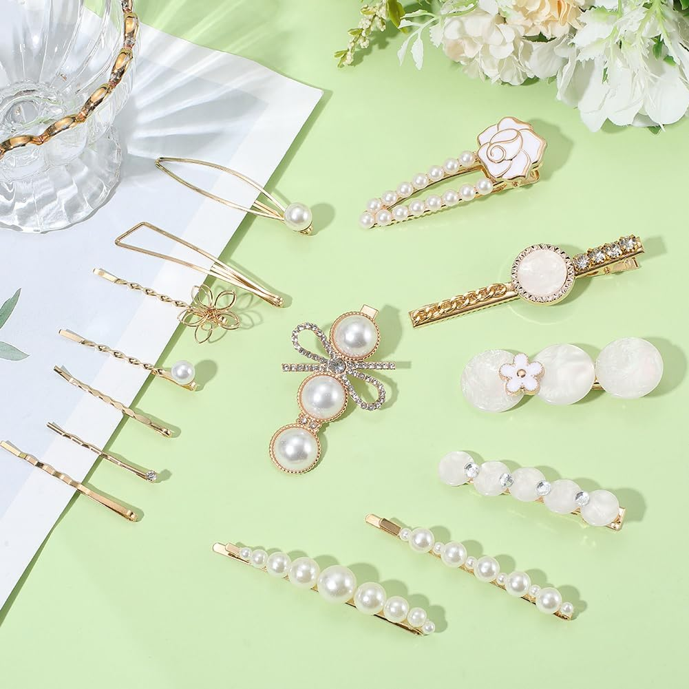SOFPLATE 22Pcs 4 Styles White Pearl Hair Barrette Bobby Pin Hair Clips Elegant Alloy Gold Flower Leaf Triangle Decorative Headwear Accessories Kit for Long Short Wedding Party Hairstyle DIY Decoration image number 2