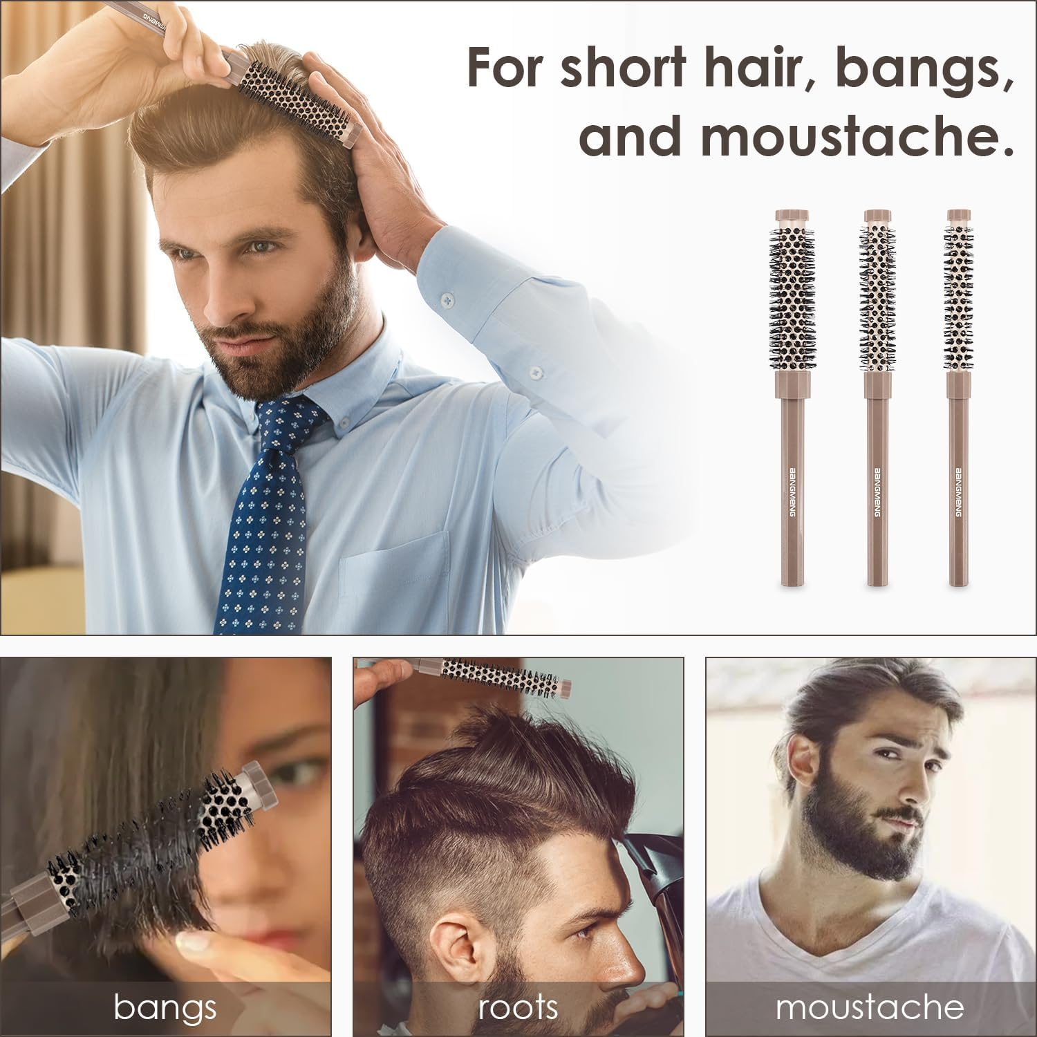 BANGMENG 3 Pieces Small round Brush Set, 3/7 1/2 5/8 Inch Barrel Hairbrush for Blow Drying, Soft Bristles Style Volumize Hair Brush for Women Men Short Hair, Bangs, Roots, Curling, Straight image number 2