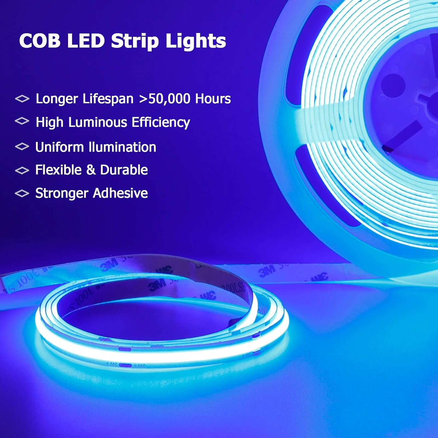 GOMING 24 V 5 M COB LED Strip Blue LED Strip 480 LED/M LED Strip Self-Adhesive High Brightness Not Waterproof IP20 Light Strip for Indoor Home Decoration (Power Supply Not Included) image number 2