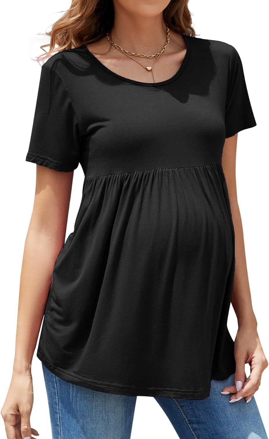 Cute Maternity Shirts Summer Short Sleeve Pregnancy Tops Casual Comfy Pregnant Blouse with Ruffle Peplum for Work